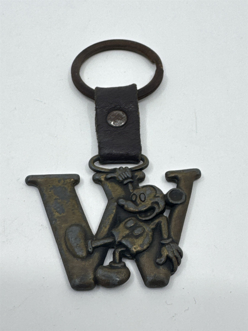 Vintage Authentic Disney Mickey Mouse Letter W Brass Keychain Key Ring (Rusting)