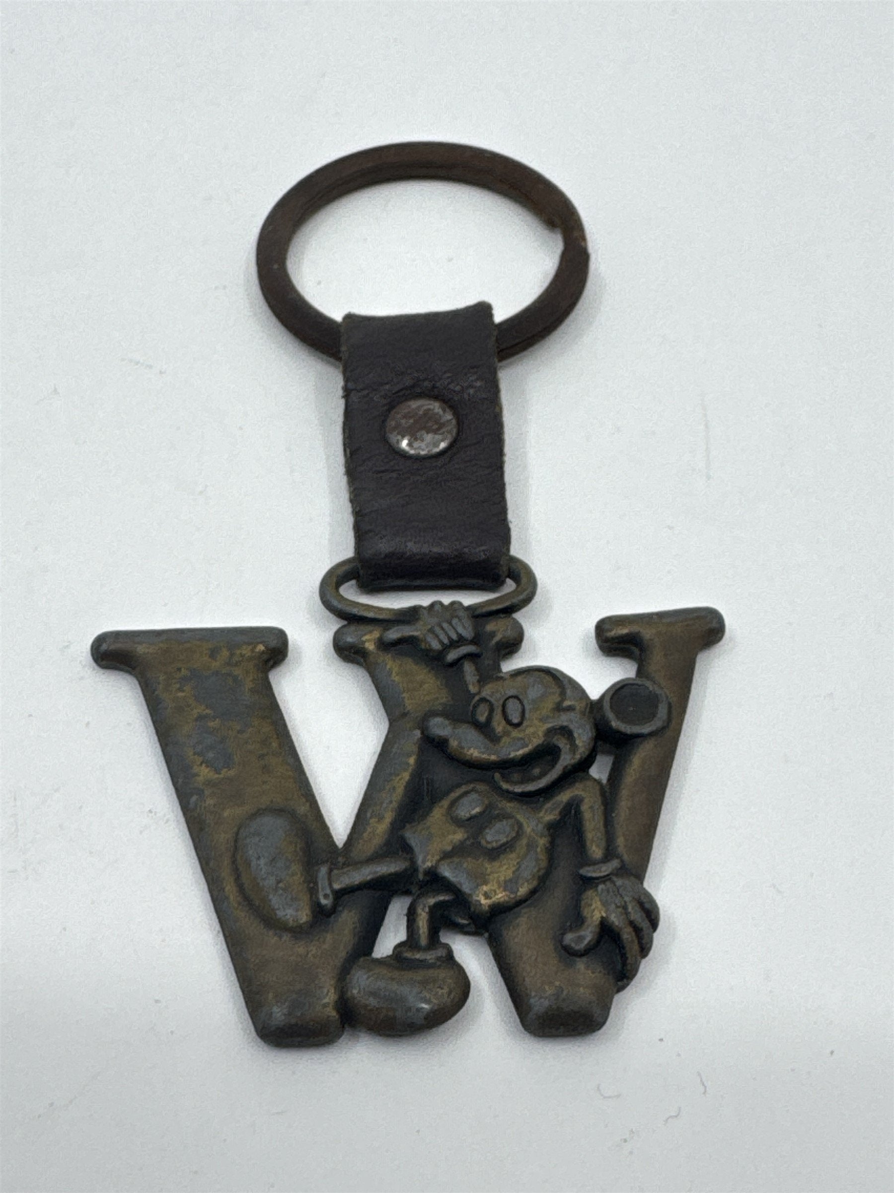Vintage Authentic Disney Mickey Mouse Letter W Brass Keychain Key Ring (Rusting)