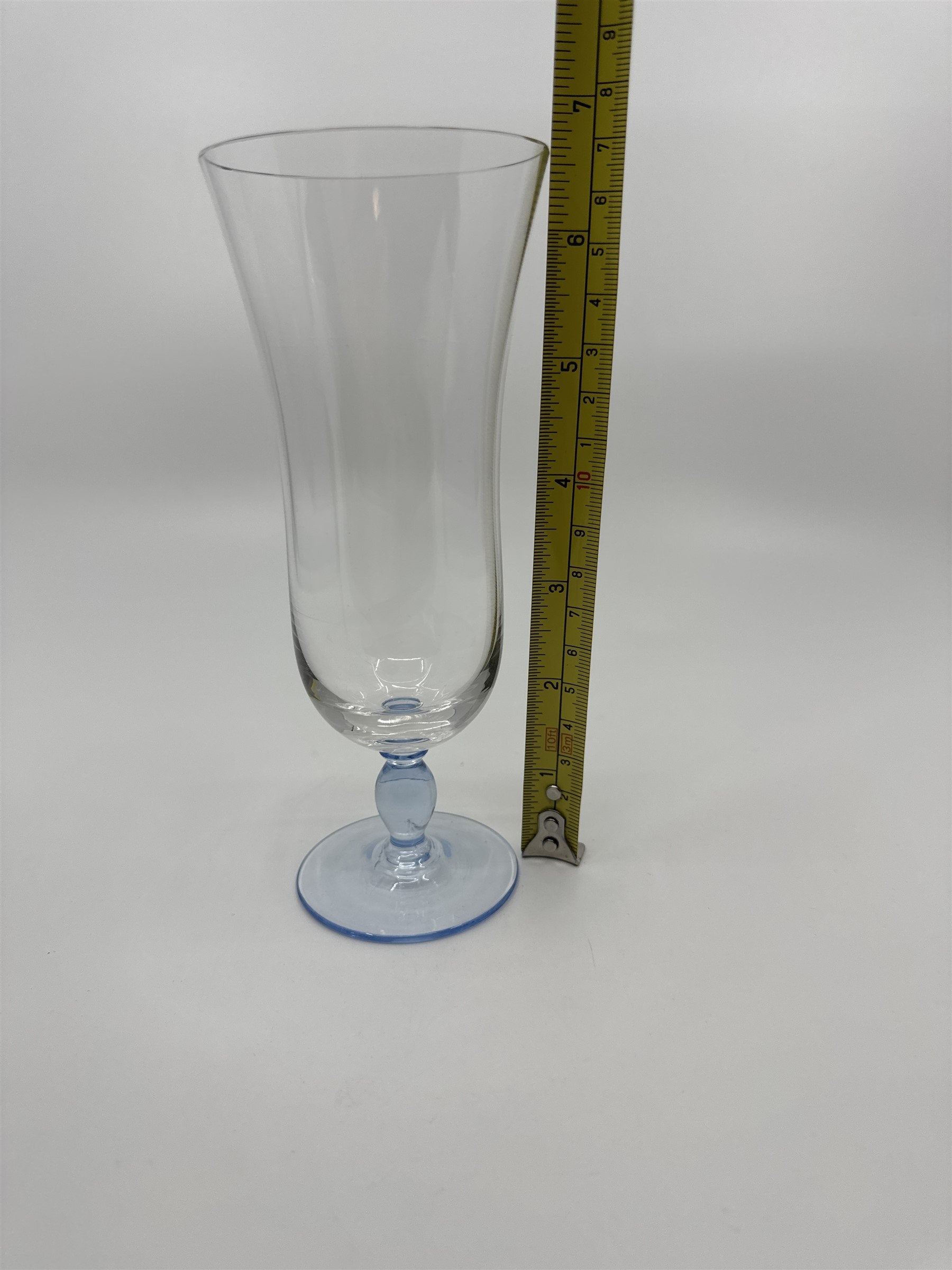 Vintage Sky Blue Colored Bead Stem Hurricane Drinking Glass Approx 6-1/2" Tall