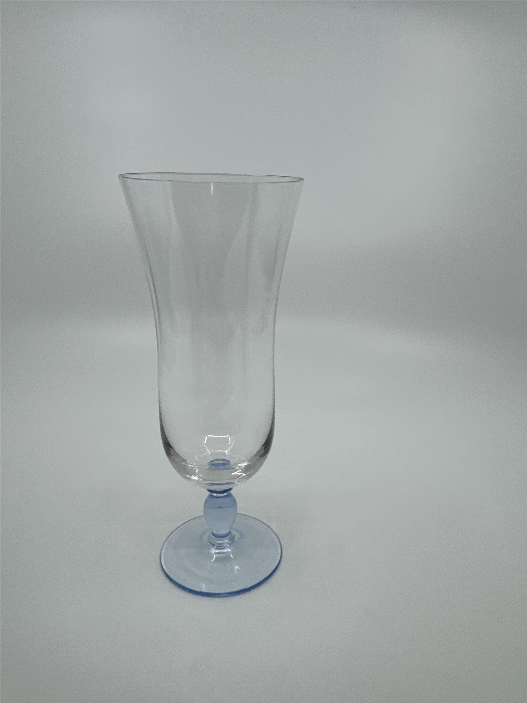 Vintage Sky Blue Colored Bead Stem Hurricane Drinking Glass Approx 6-1/2" Tall