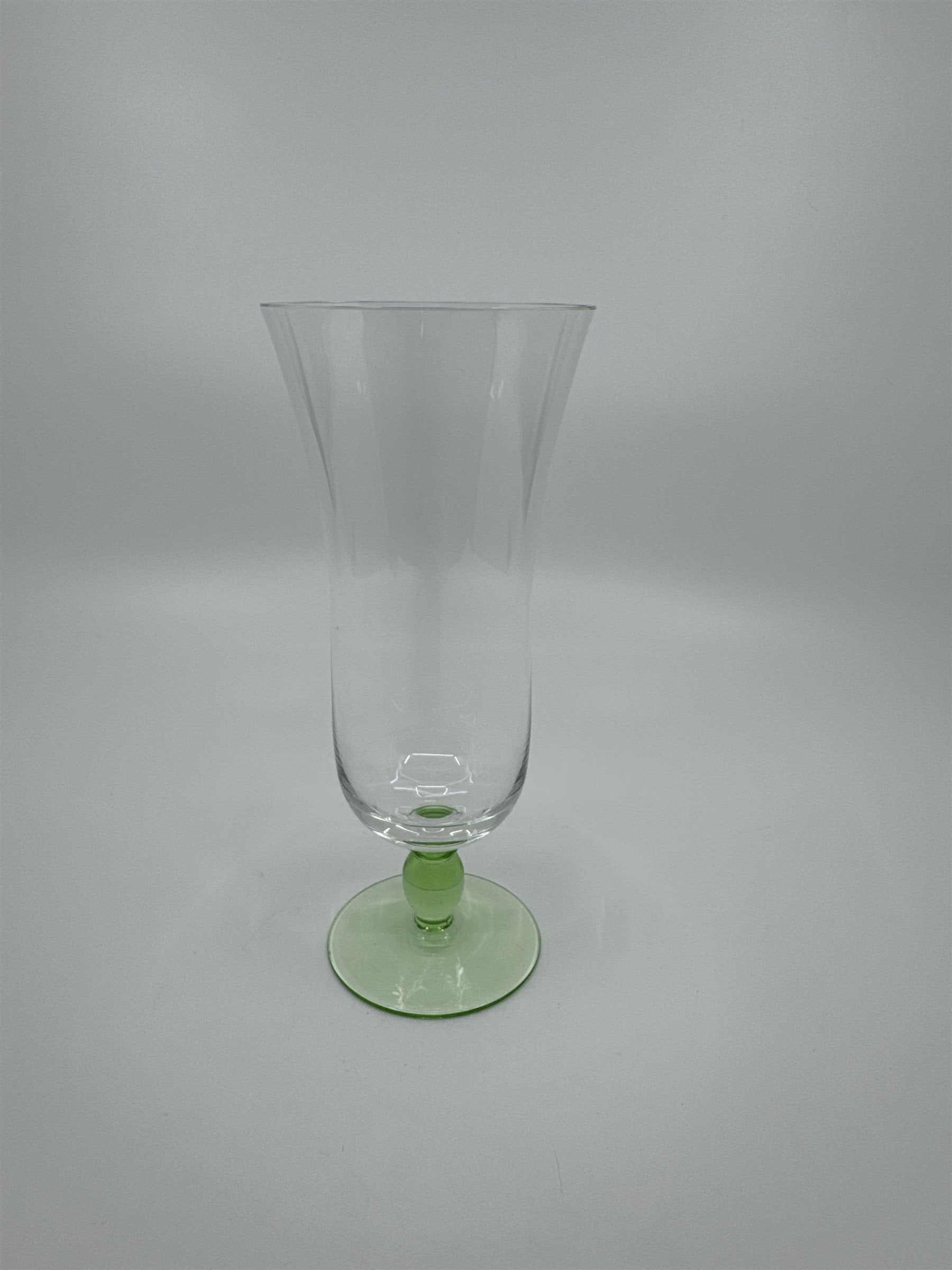Vintage Lime Green Colored Bead Stem Hurricane Drinking Glass Approx 6-1/2" Tall