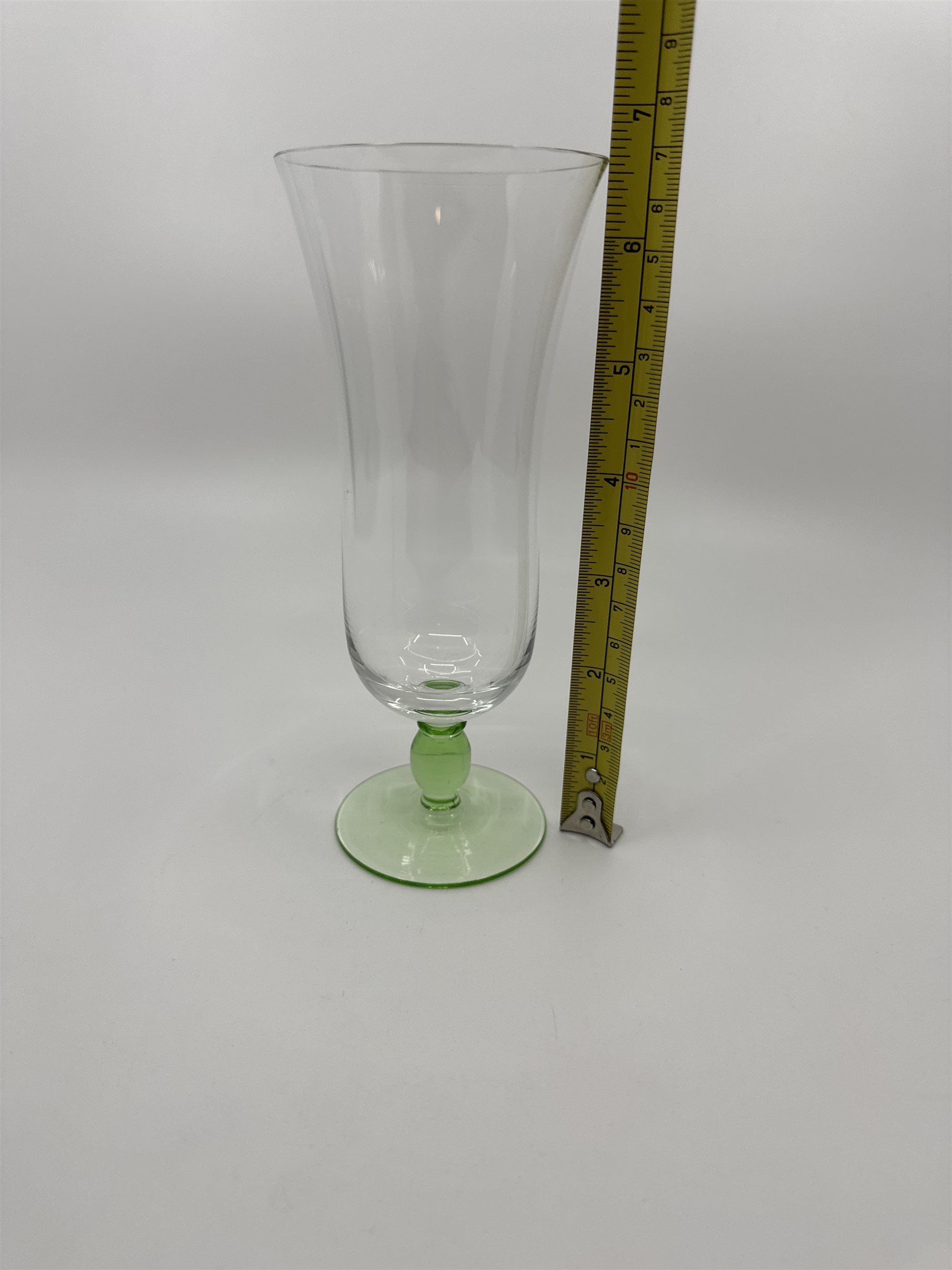 Vintage Lime Green Colored Bead Stem Hurricane Drinking Glass Approx 6-1/2" Tall