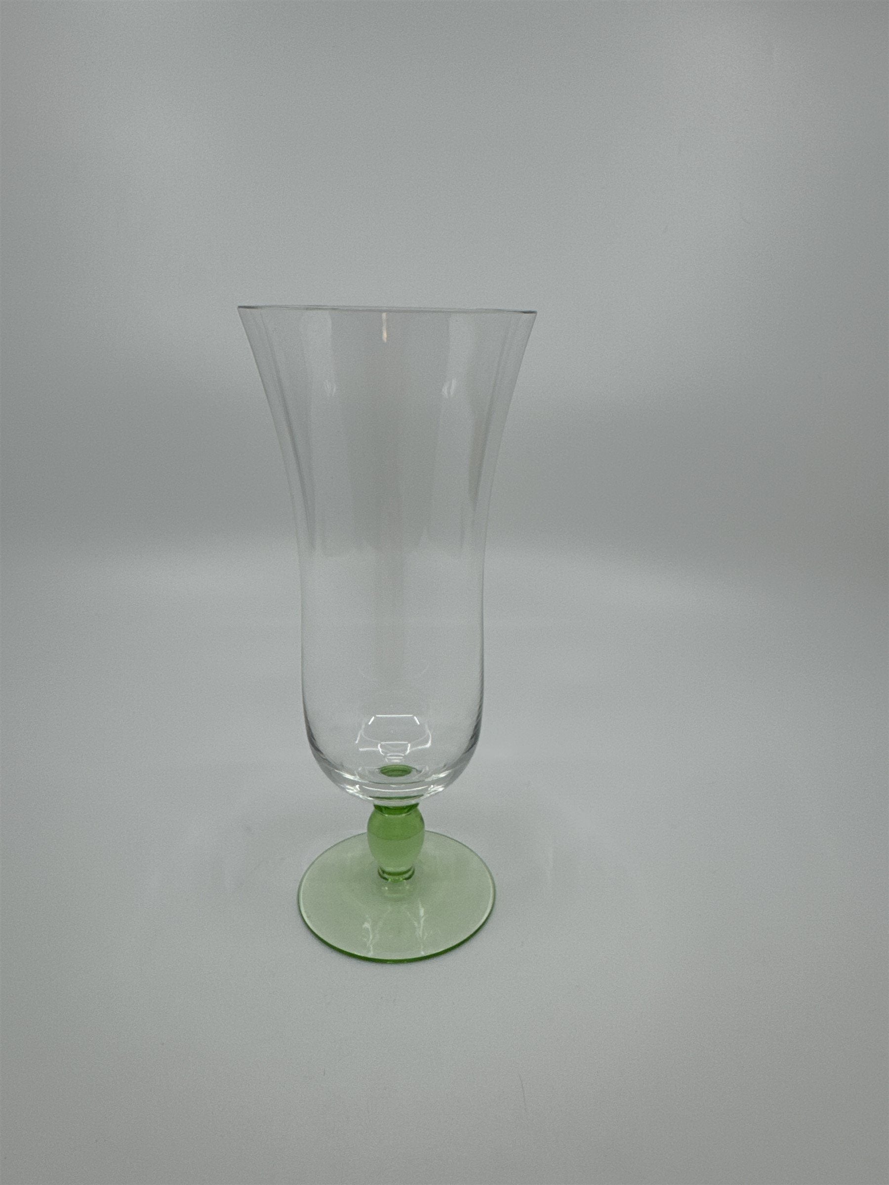 Vintage Lime Green Colored Bead Stem Hurricane Drinking Glass Approx 6-1/2" Tall