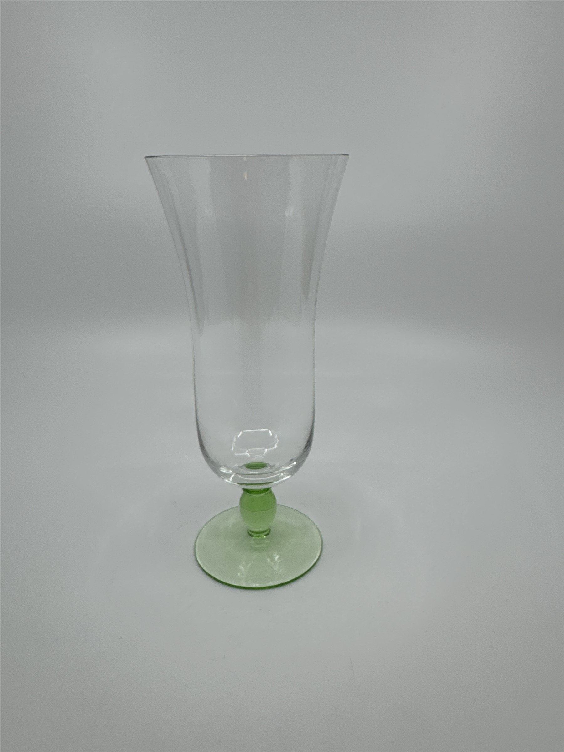 Vintage Lime Green Colored Bead Stem Hurricane Drinking Glass Approx 6-1/2" Tall
