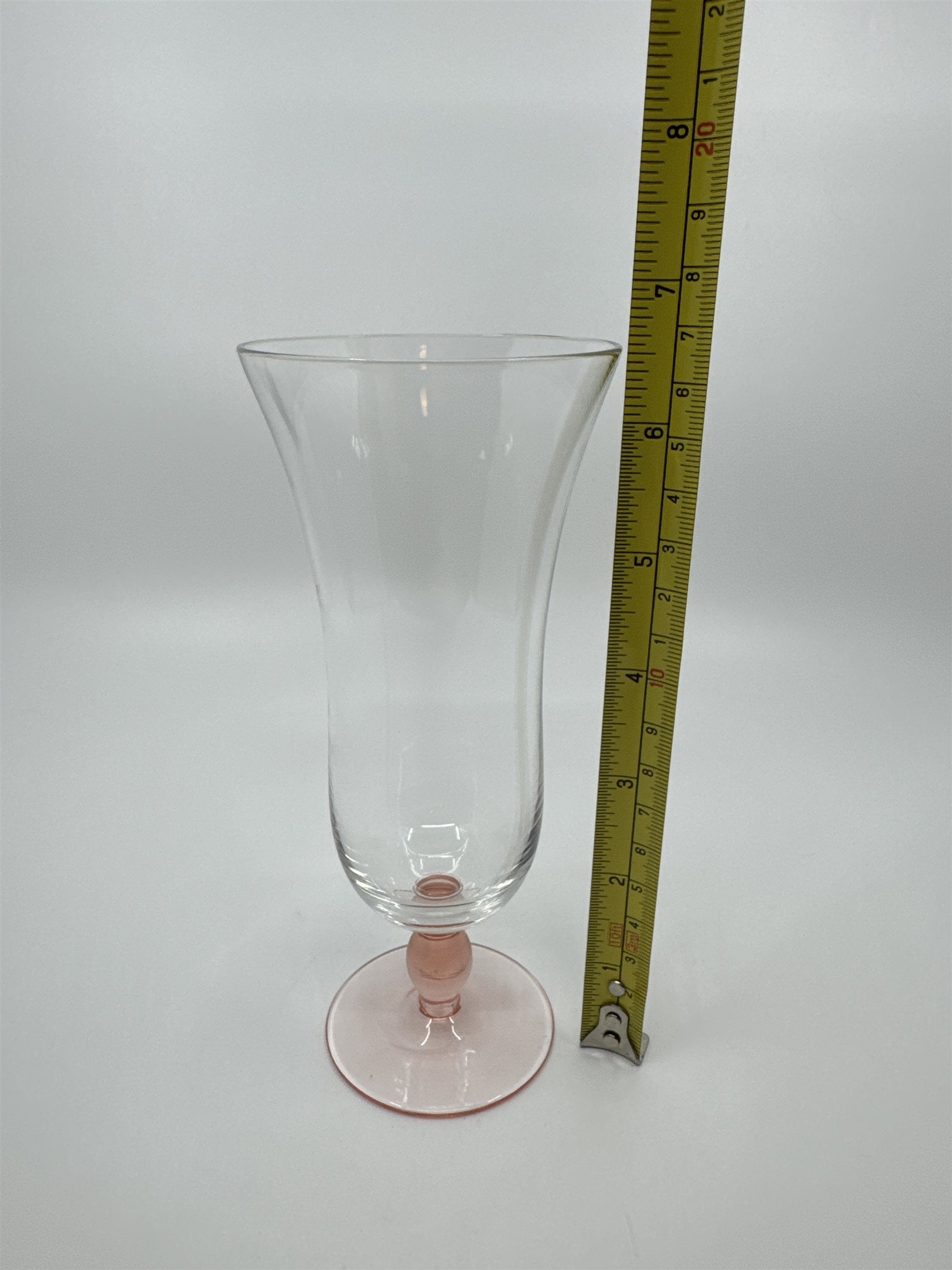 Vintage Pink Colored Bead Stem Hurricane Drinking Glass Approx 6-1/2" Tall