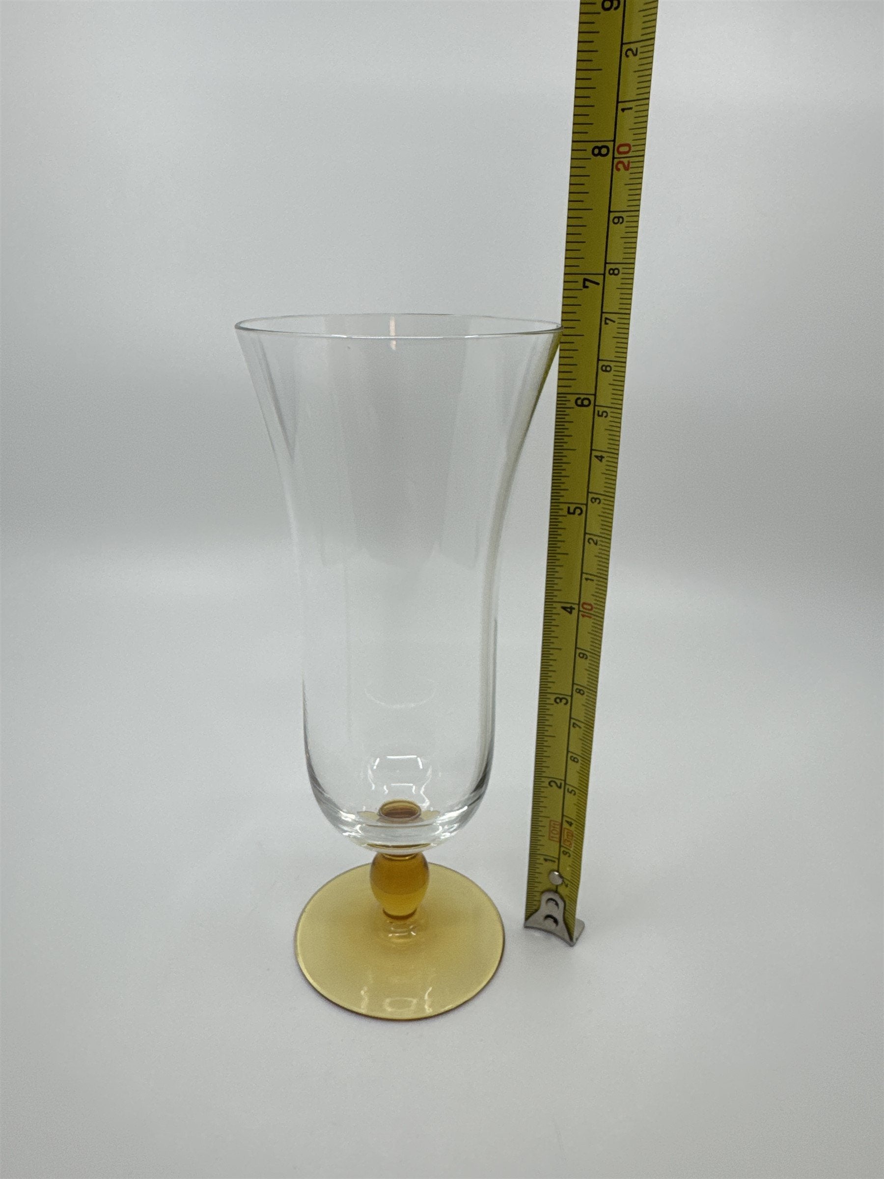 Vintage Drk Yellow Colored Bead Stem Hurricane Drinking Glass Approx 6-1/2" Tall