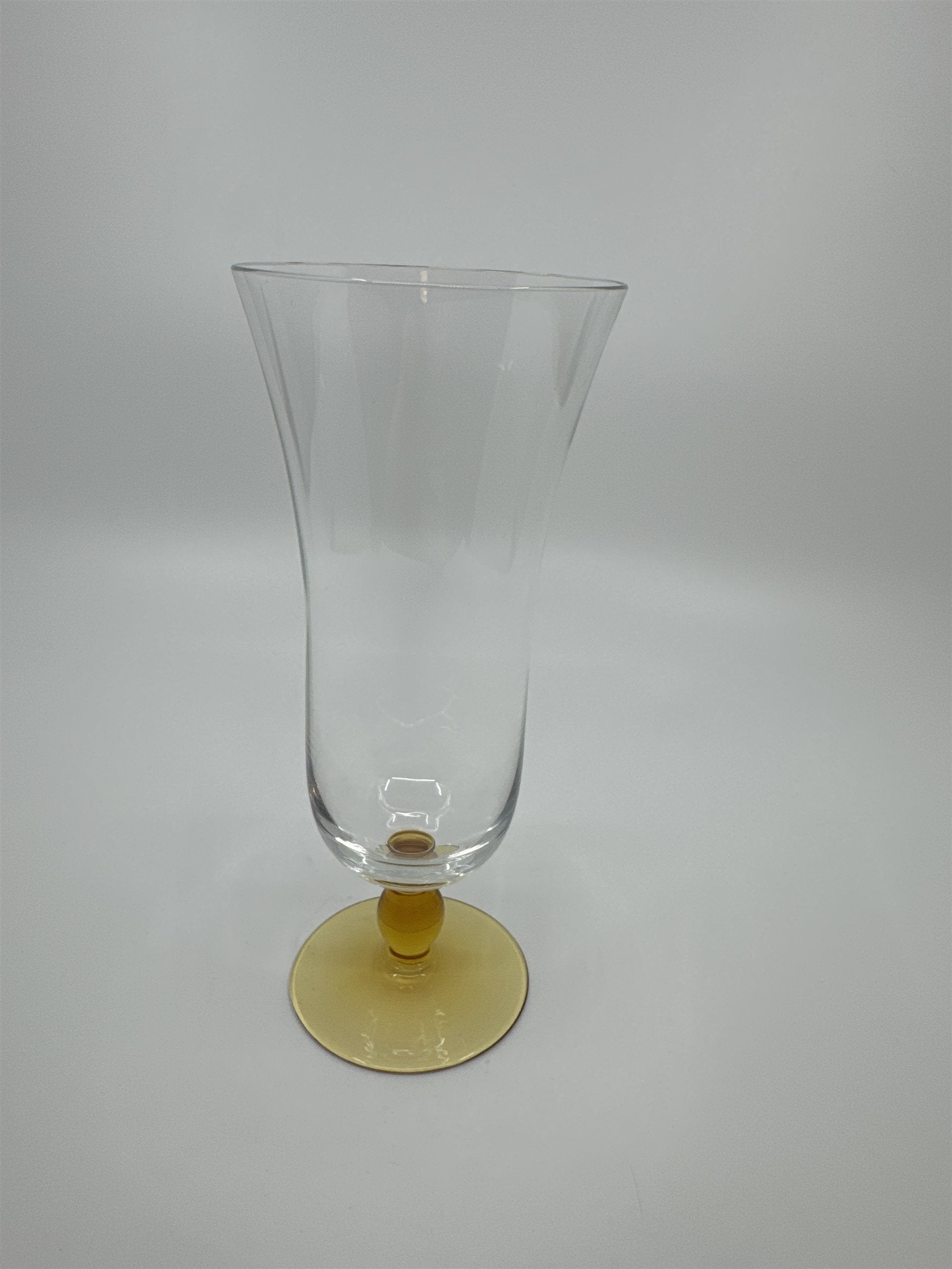 Vintage Drk Yellow Colored Bead Stem Hurricane Drinking Glass Approx 6-1/2" Tall