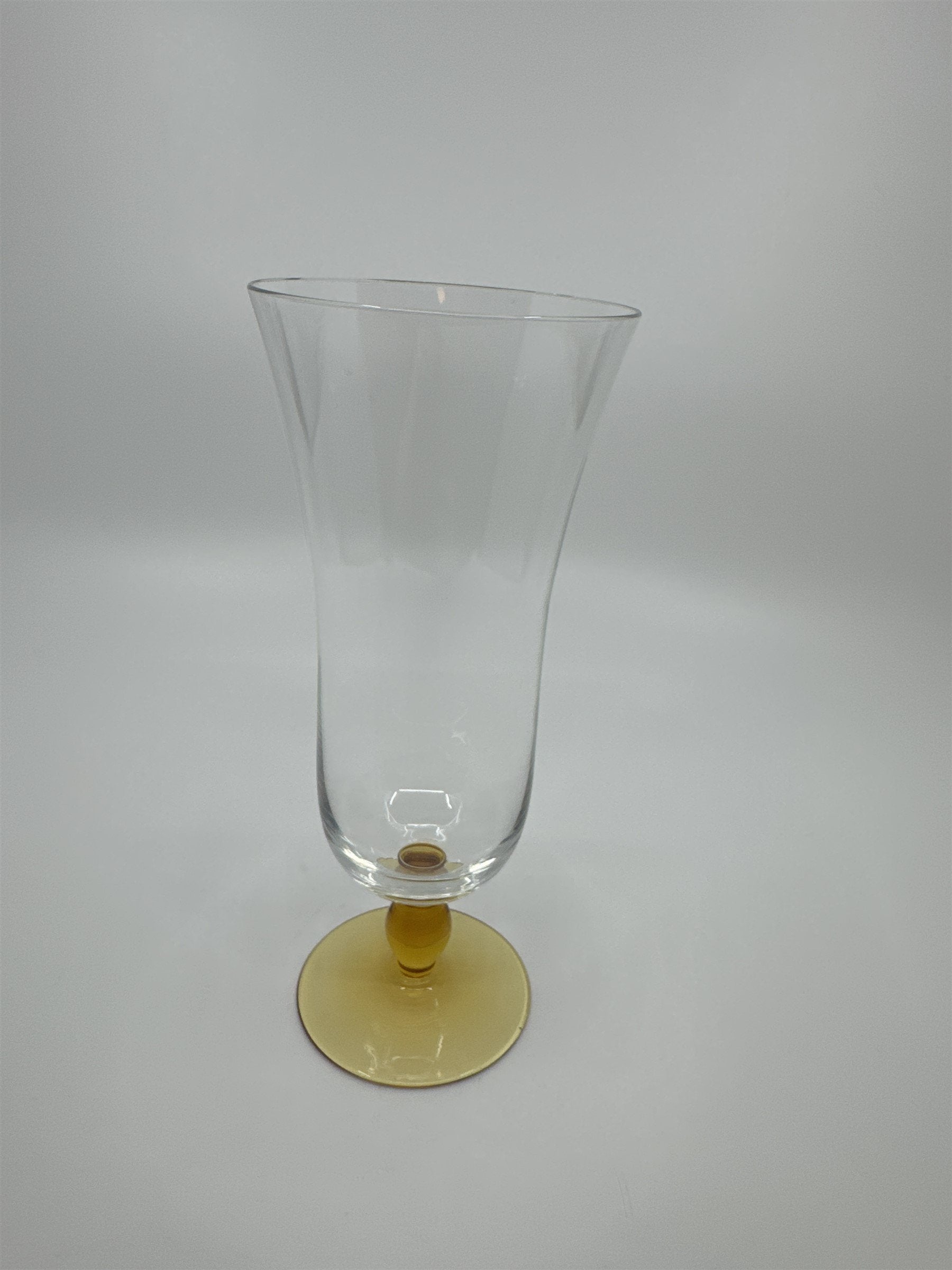 Vintage Drk Yellow Colored Bead Stem Hurricane Drinking Glass Approx 6-1/2" Tall