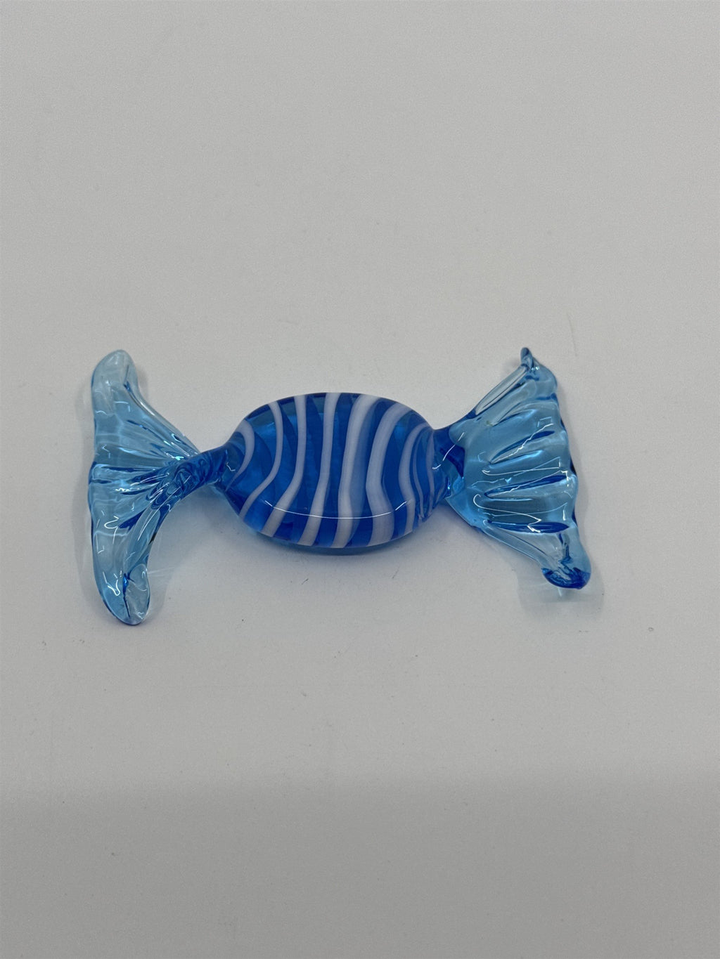 Vintage Italian Murano Style Hand Blown Glass Candy Blue & White Ruffled Wrapper