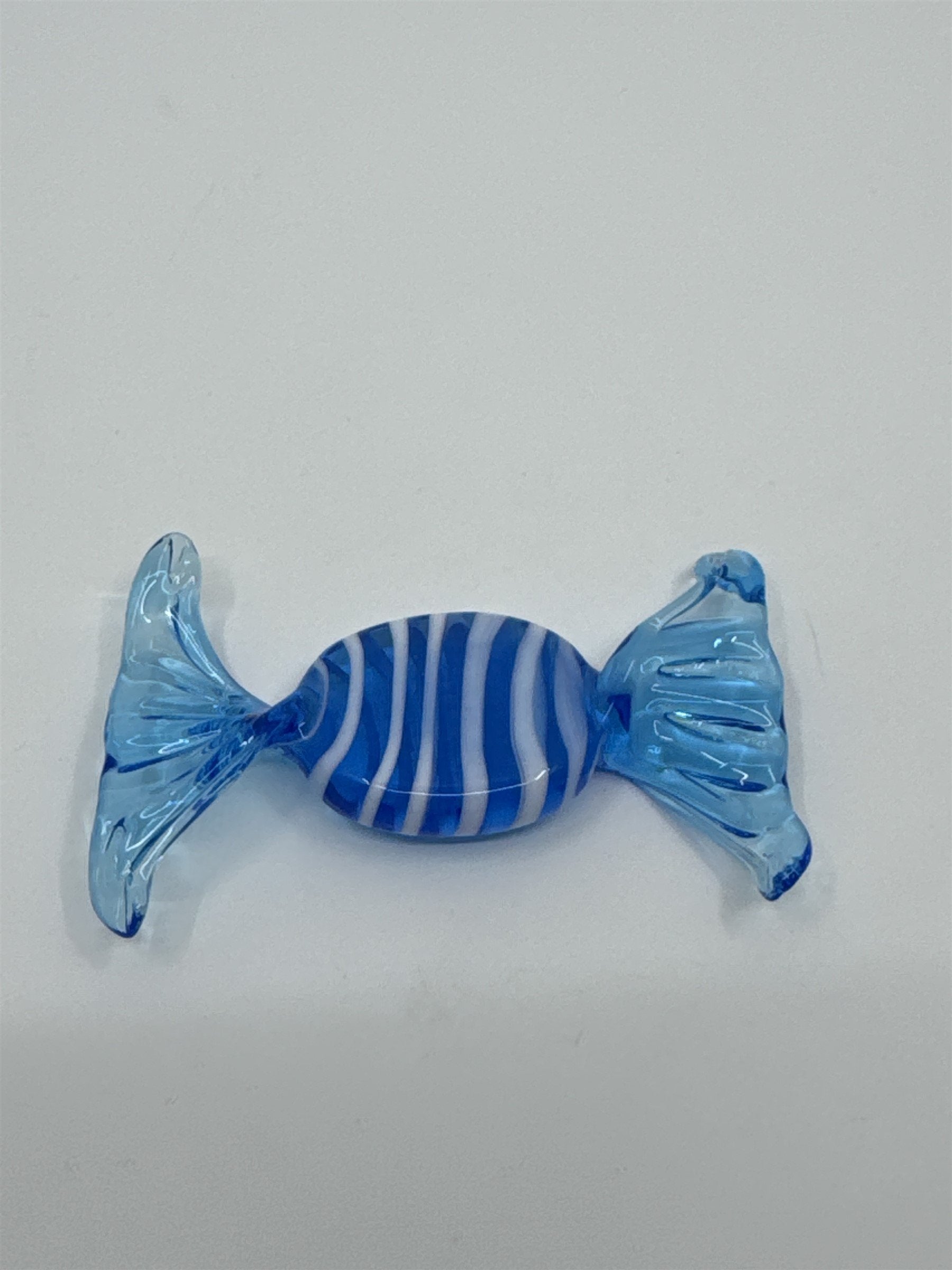 Vintage Italian Murano Style Hand Blown Glass Candy Blue & White Ruffled Wrapper