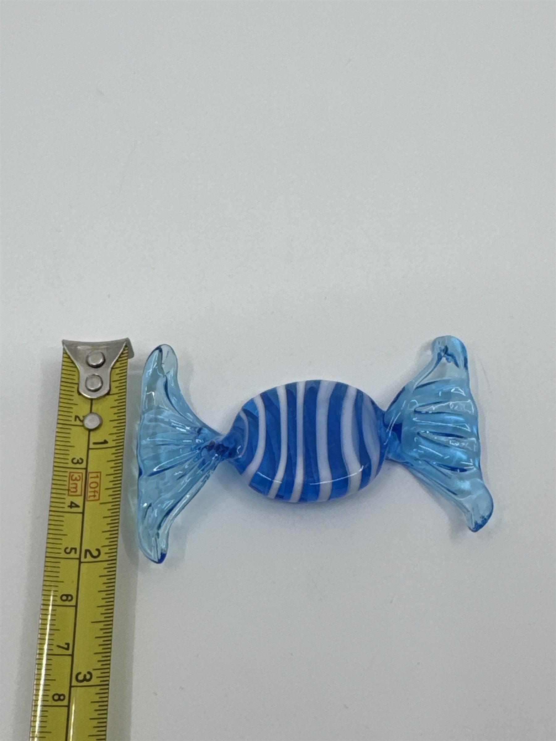 Vintage Italian Murano Style Hand Blown Glass Candy Blue & White Ruffled Wrapper