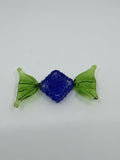 Vintage Italian Murano Style Hand Blown Glass Candy Blue w Green Ruffled Wrapper