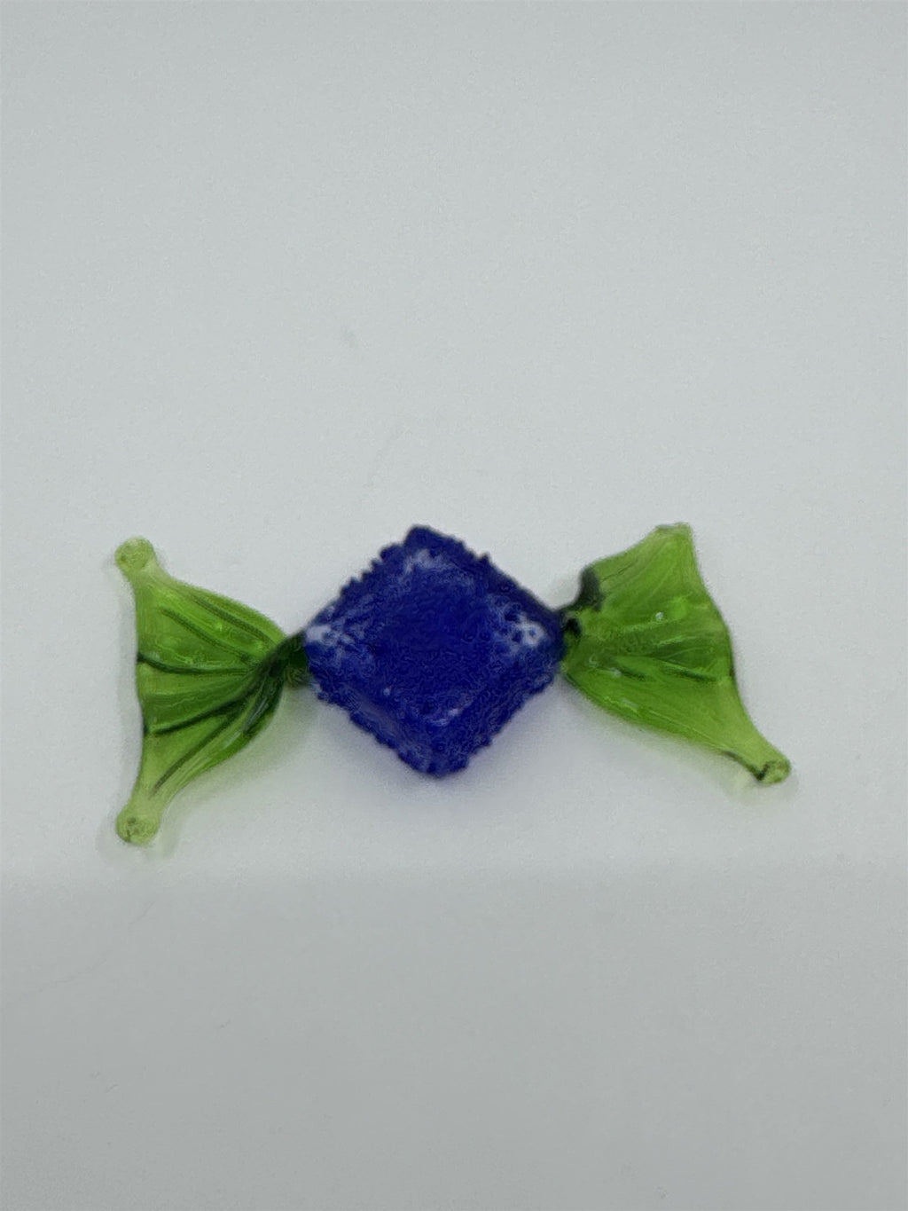 Vintage Italian Murano Style Hand Blown Glass Candy Blue w Green Ruffled Wrapper