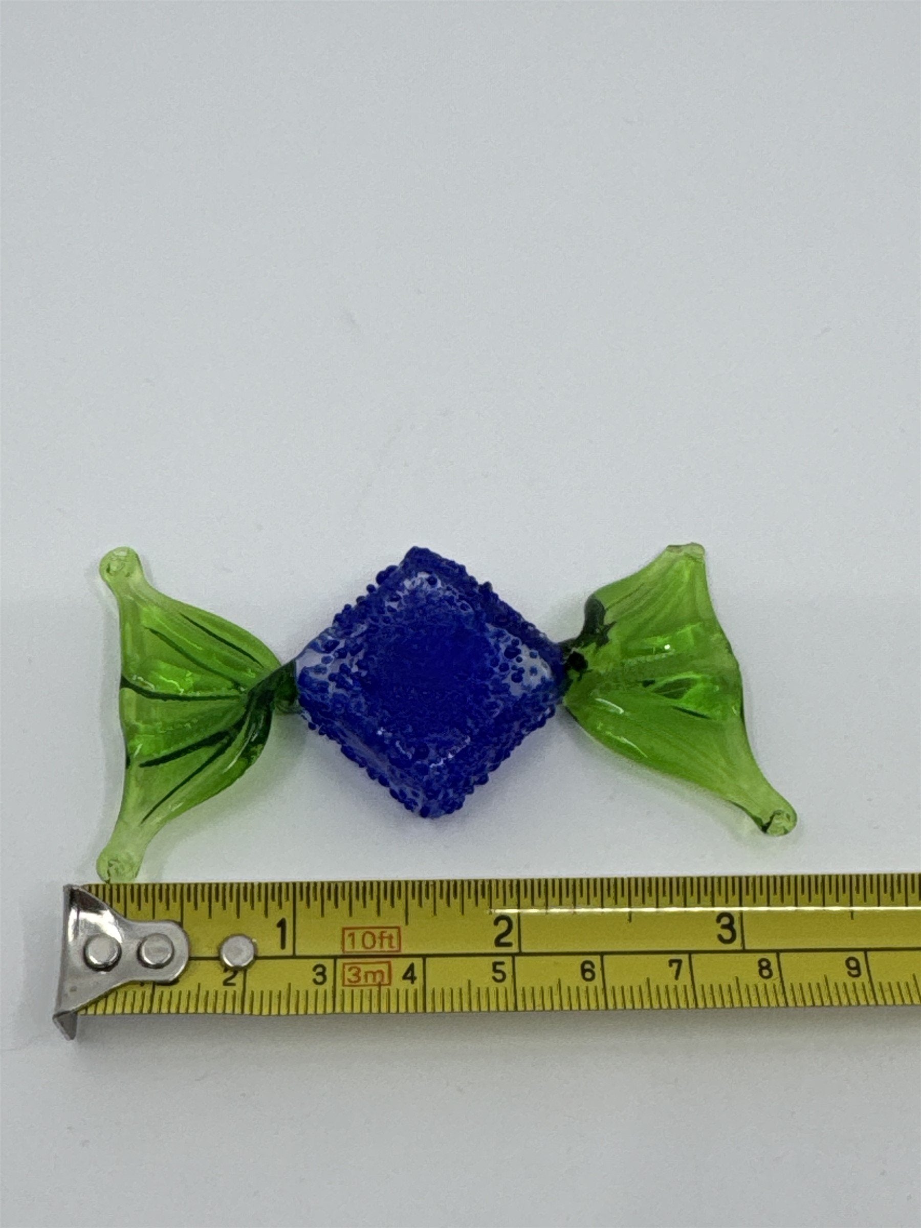 Vintage Italian Murano Style Hand Blown Glass Candy Blue w Green Ruffled Wrapper