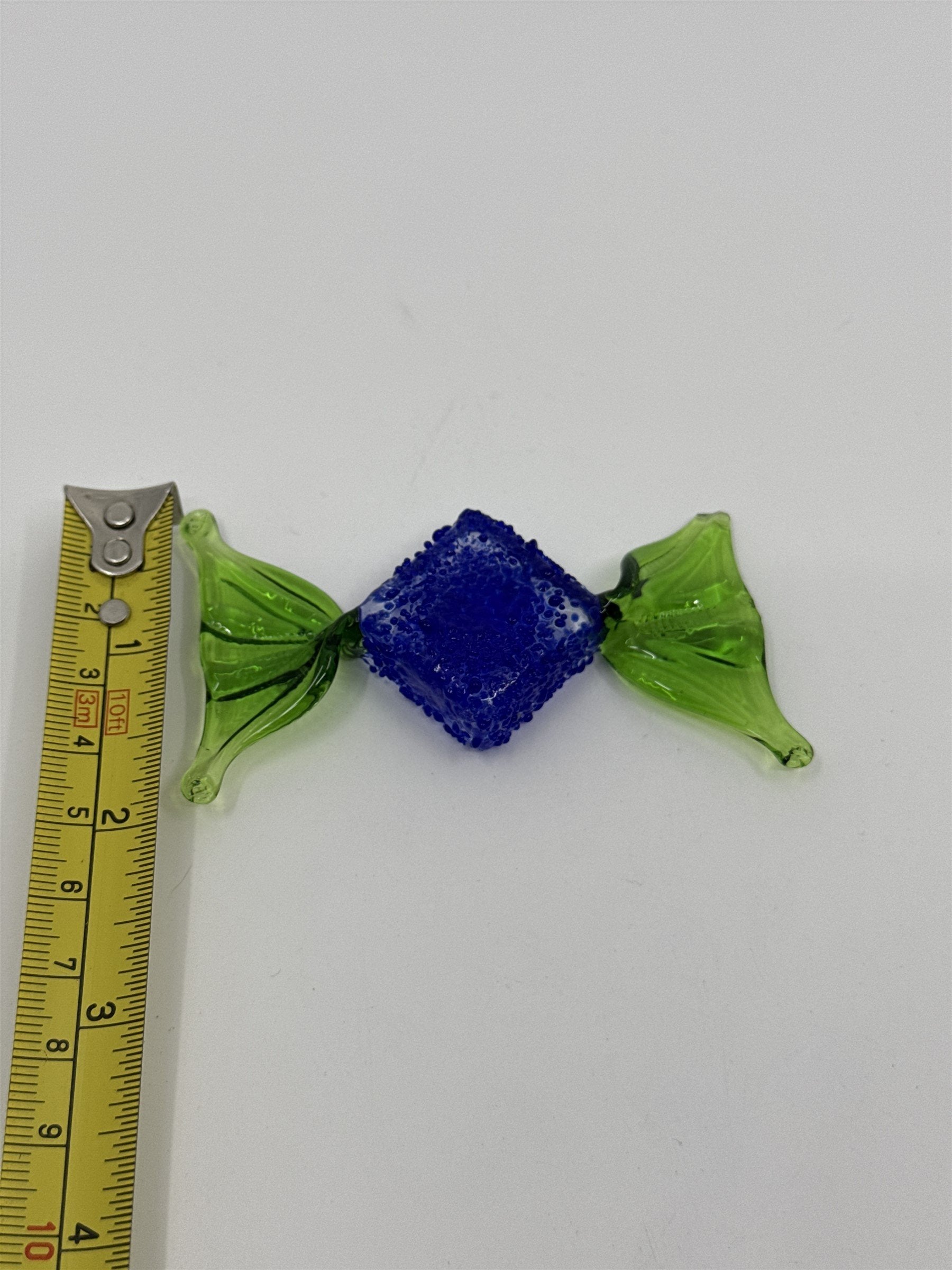Vintage Italian Murano Style Hand Blown Glass Candy Blue w Green Ruffled Wrapper