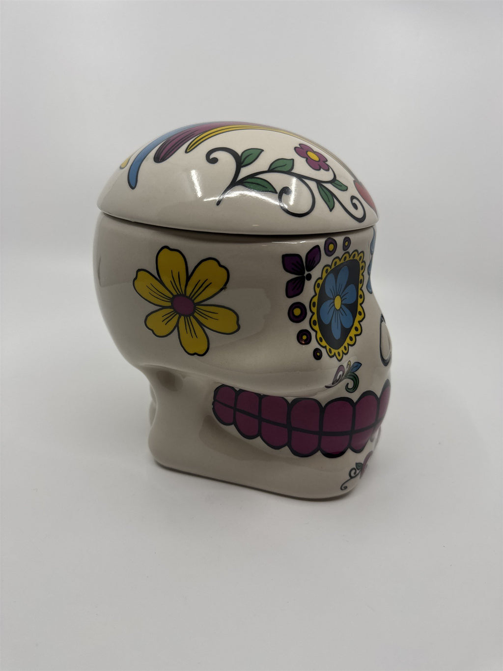 Vintage 1970s Hand-Painted 7"Sugar Skull Ceramic Cookie Jar Day of the Dead