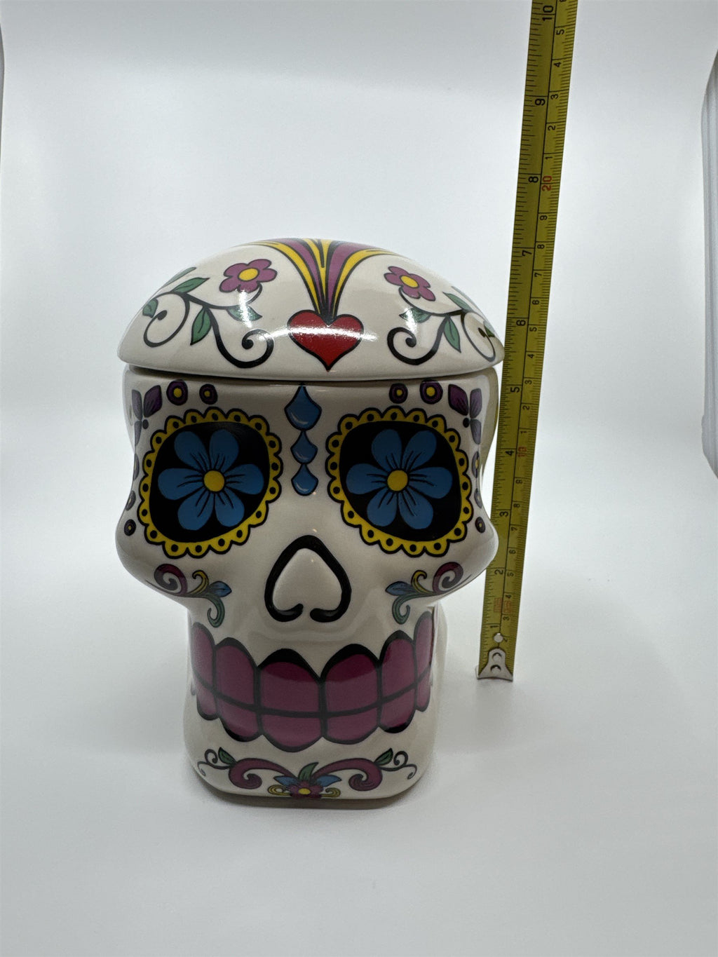 Vintage 1970s Hand-Painted 7"Sugar Skull Ceramic Cookie Jar Day of the Dead