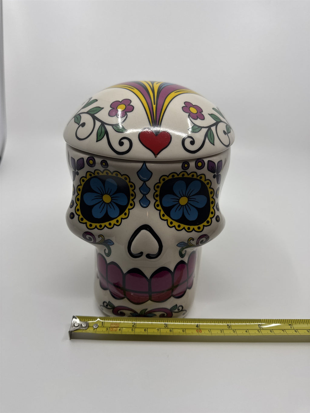 Vintage 1970s Hand-Painted 7"Sugar Skull Ceramic Cookie Jar Day of the Dead