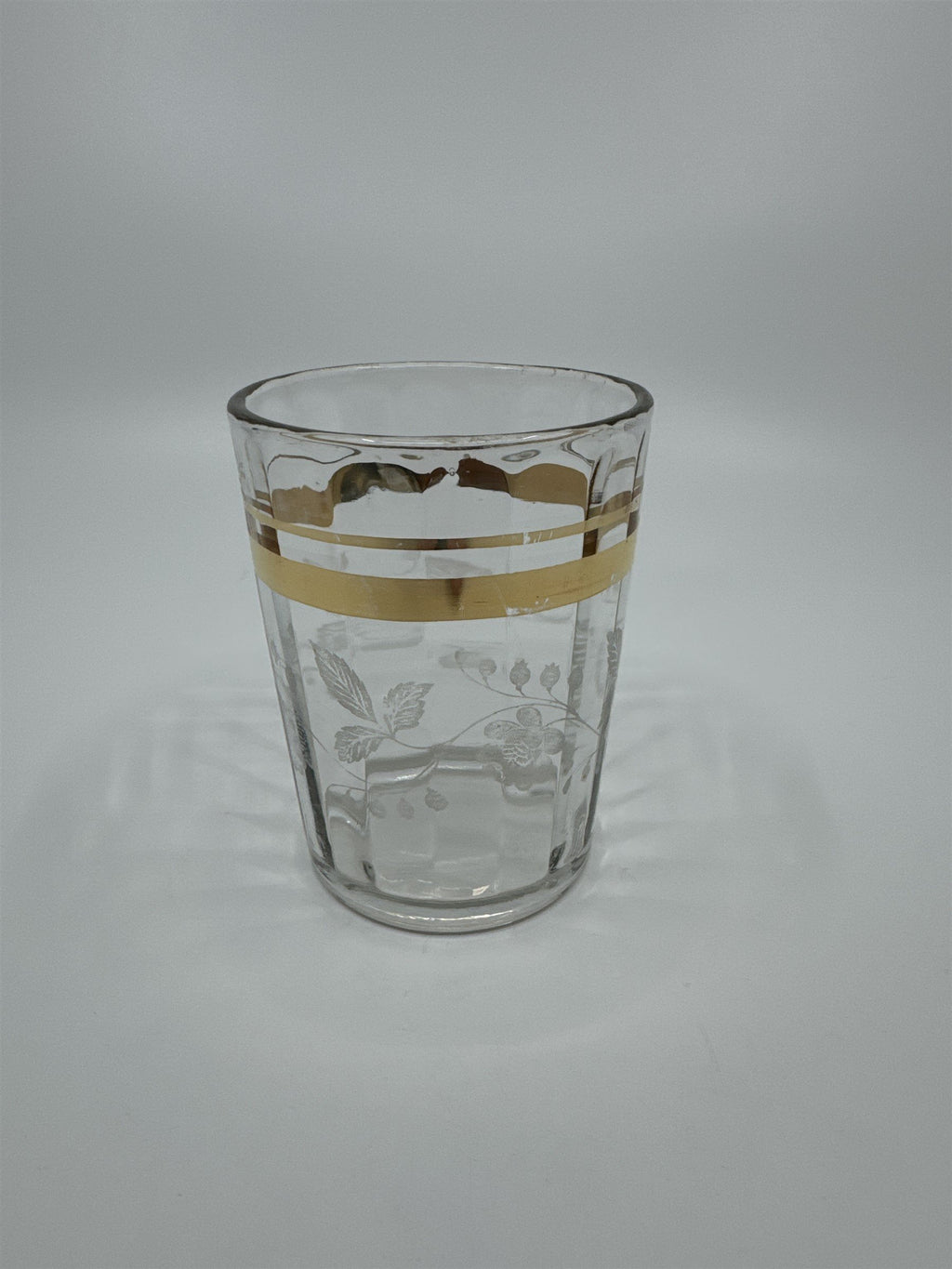 Vintage Etched Juice Glass /w Grapes Vines and Gold Embellishment Trim