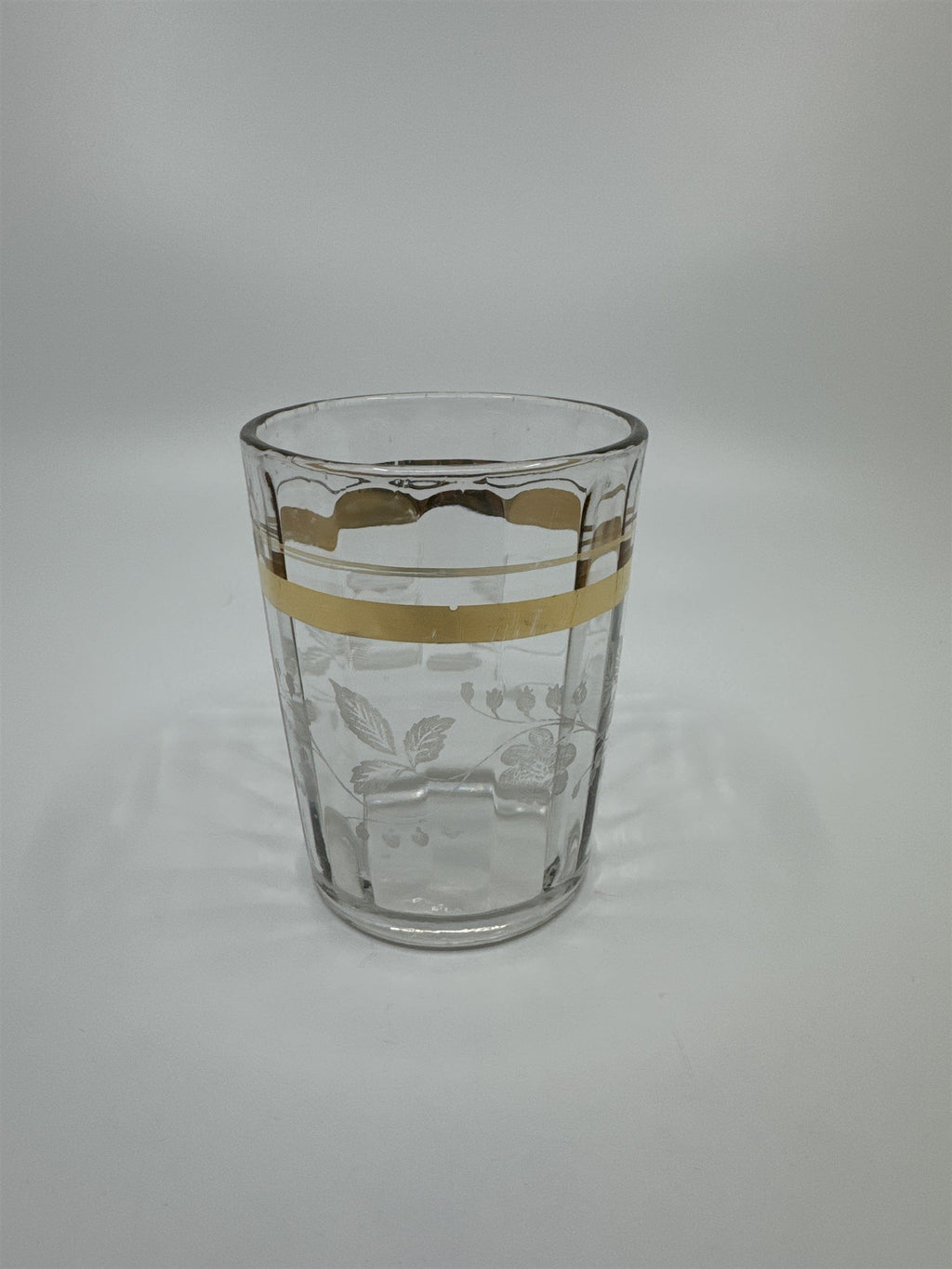 Vintage Etched Juice Glass /w Grapes Vines and Gold Embellishment Trim