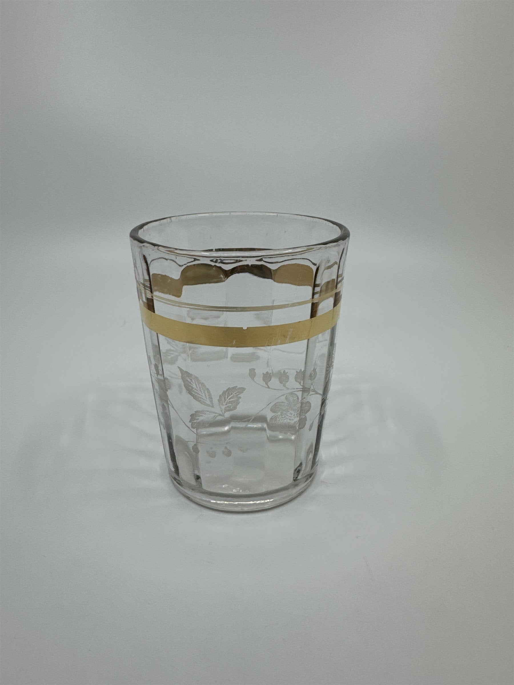 Vintage Etched Juice Glass /w Grapes Vines and Gold Embellishment Trim