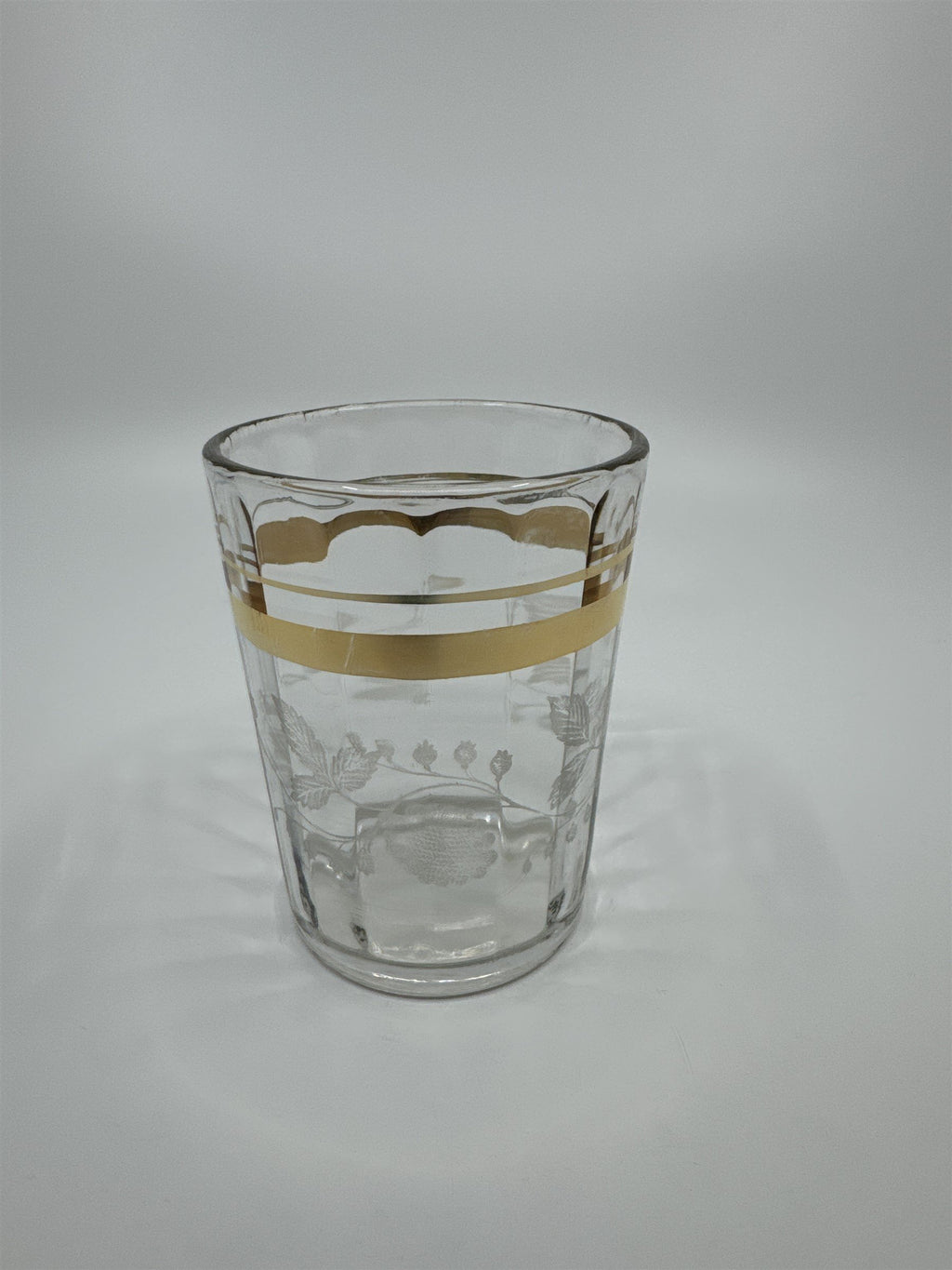 Vintage Etched Juice Glass /w Grapes Vines and Gold Embellishment Trim