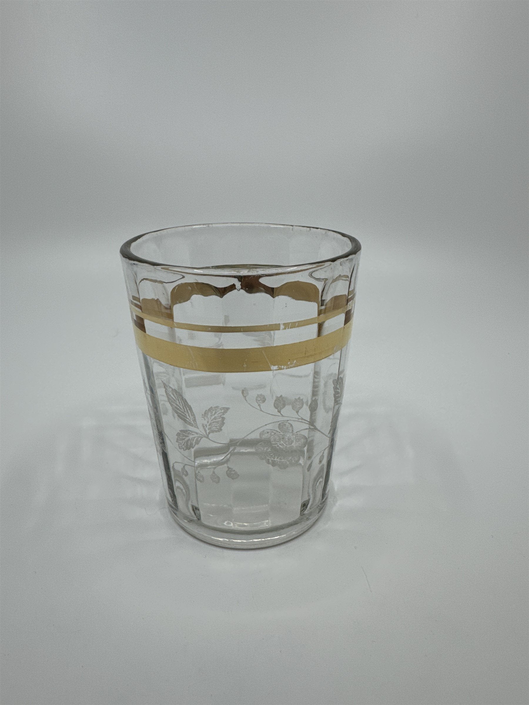 Vintage Etched Juice Glass /w Grapes Vines and Gold Embellishment Trim