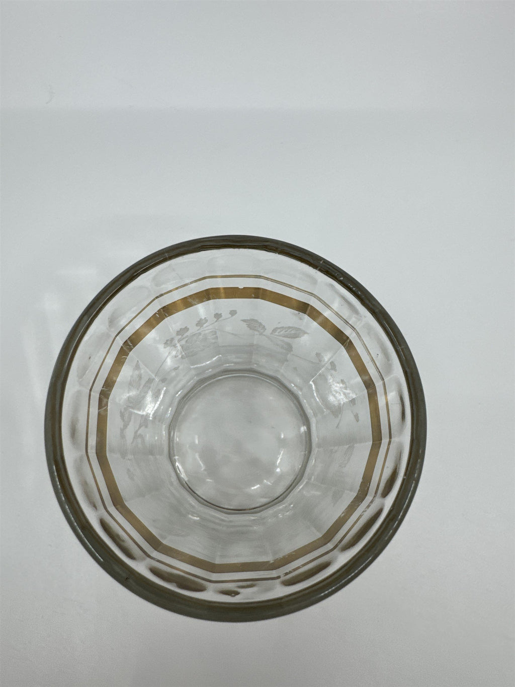 Vintage Etched Juice Glass /w Grapes Vines and Gold Embellishment Trim