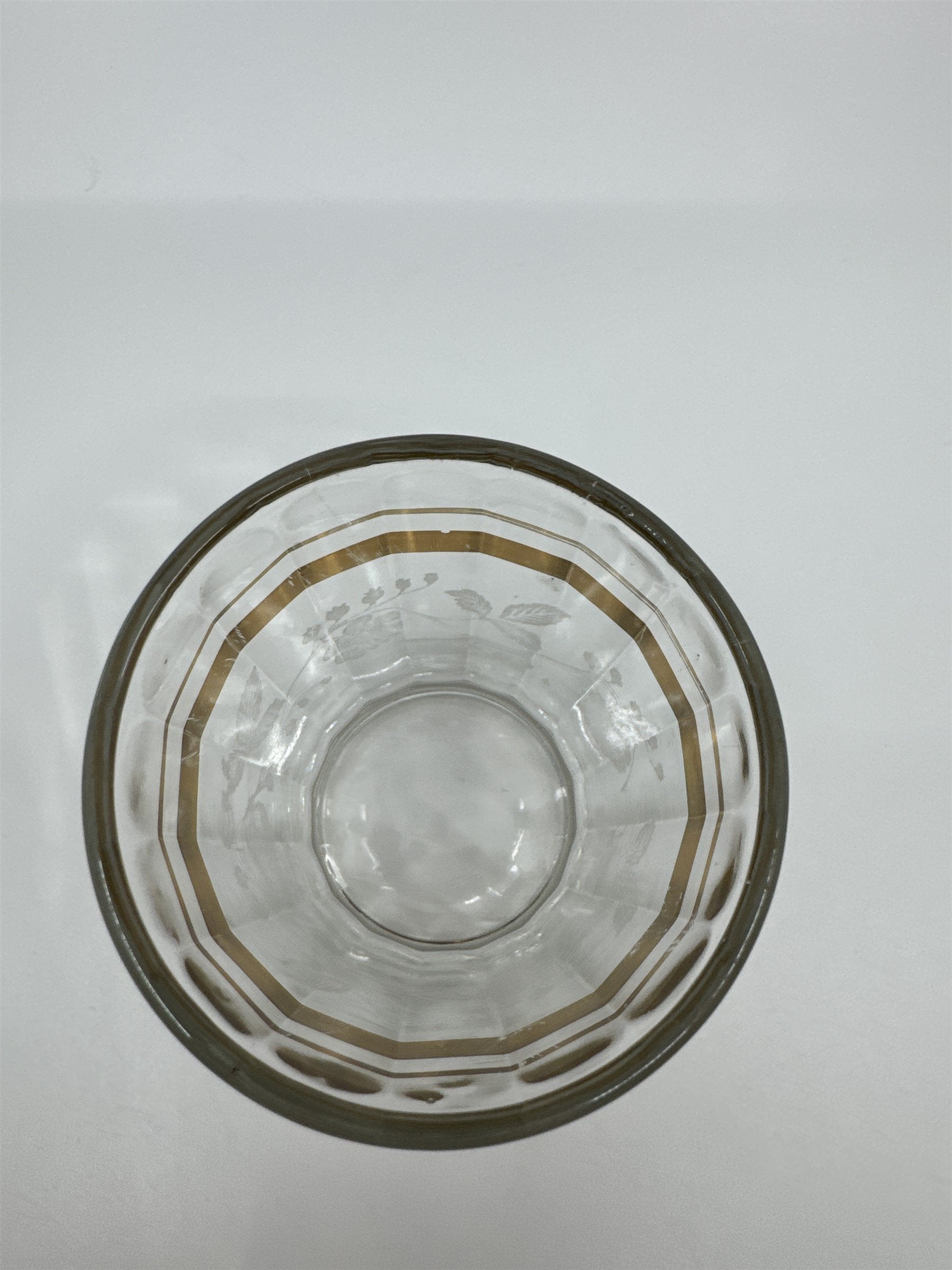 Vintage Etched Juice Glass /w Grapes Vines and Gold Embellishment Trim