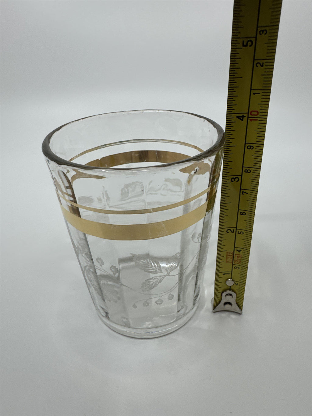 Vintage Etched Juice Glass /w Grapes Vines and Gold Embellishment Trim