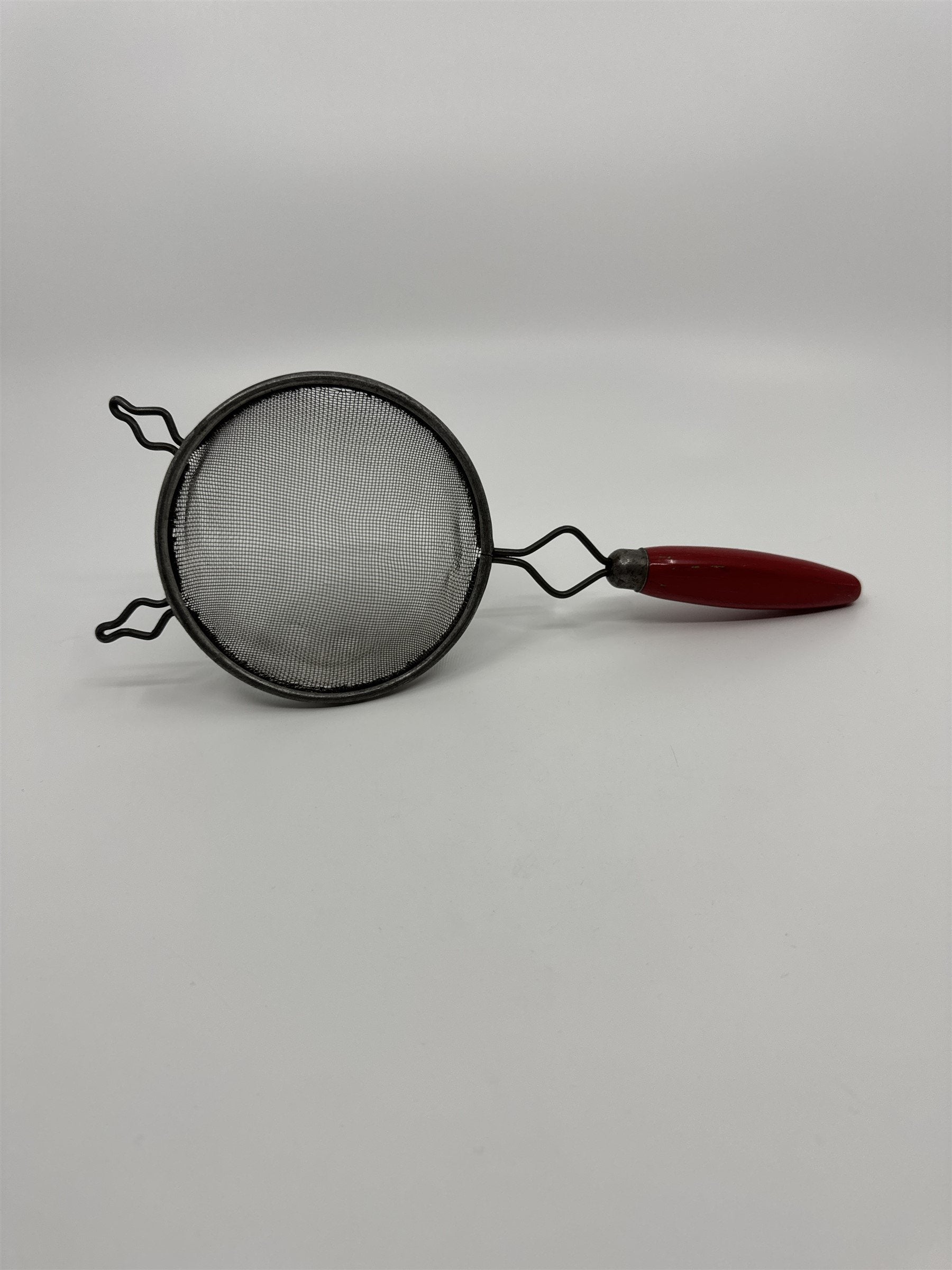 Vintage Strong Wire Mesh Strainer Hand Sifter A&J AJAX Red Wood Handle USA Made
