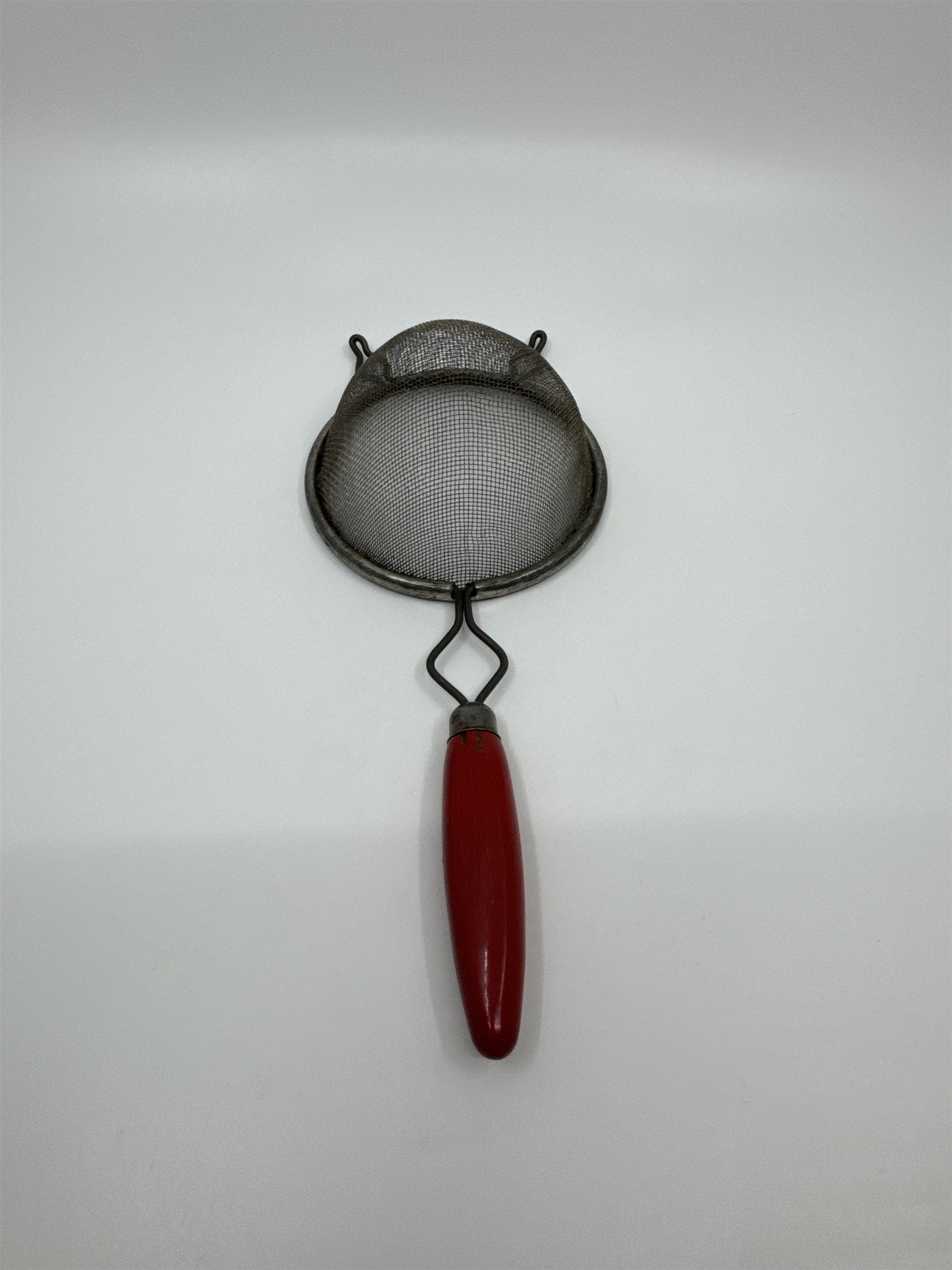 Vintage Strong Wire Mesh Strainer Hand Sifter A&J AJAX Red Wood Handle USA Made