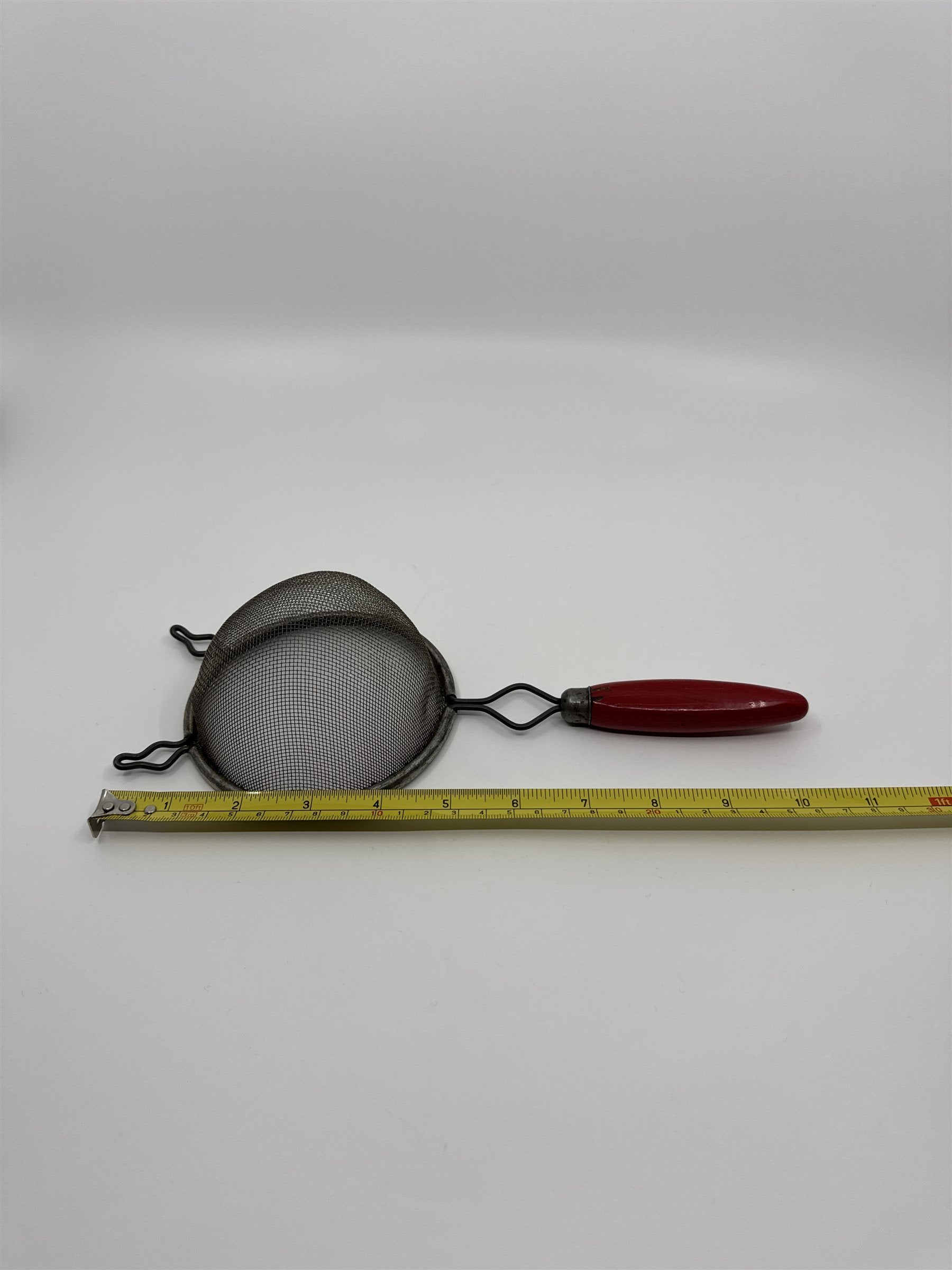Vintage Strong Wire Mesh Strainer Hand Sifter A&J AJAX Red Wood Handle USA Made