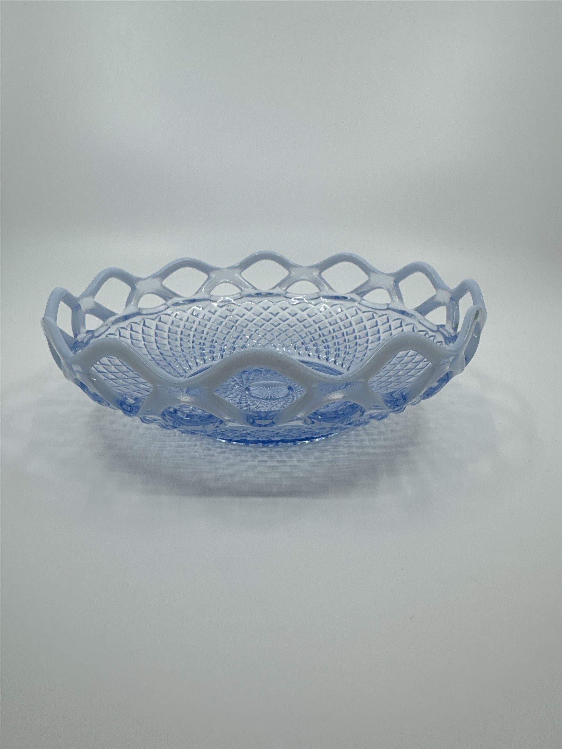 Imperial Glass Katy Blue Laced Edge Lattice Opalescent 8" Salad Plate Blue Glass