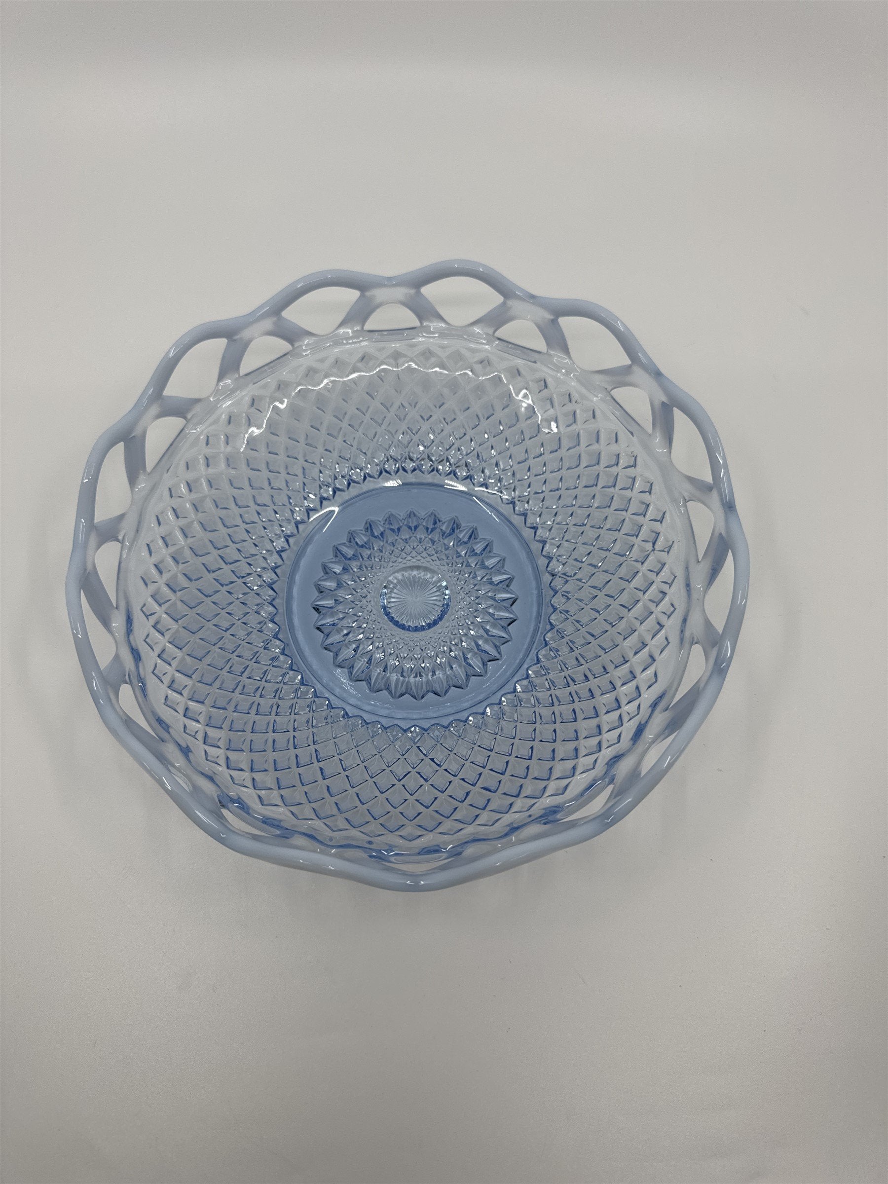Imperial Glass Katy Blue Laced Edge Lattice Opalescent 8" Salad Plate Blue Glass