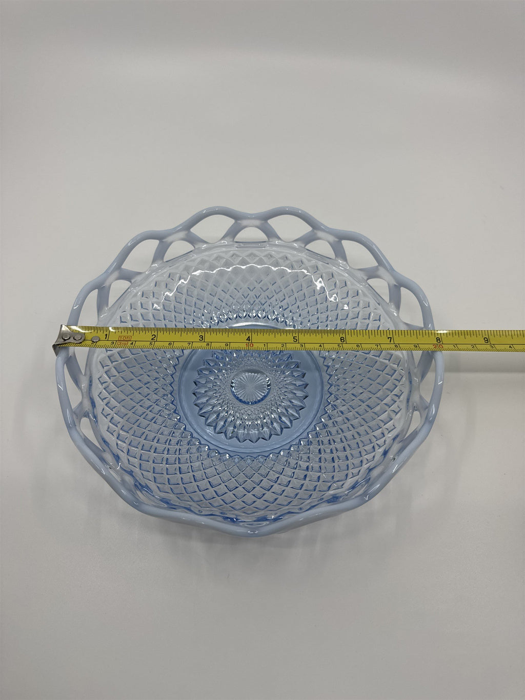 Imperial Glass Katy Blue Laced Edge Lattice Opalescent 8" Salad Plate Blue Glass