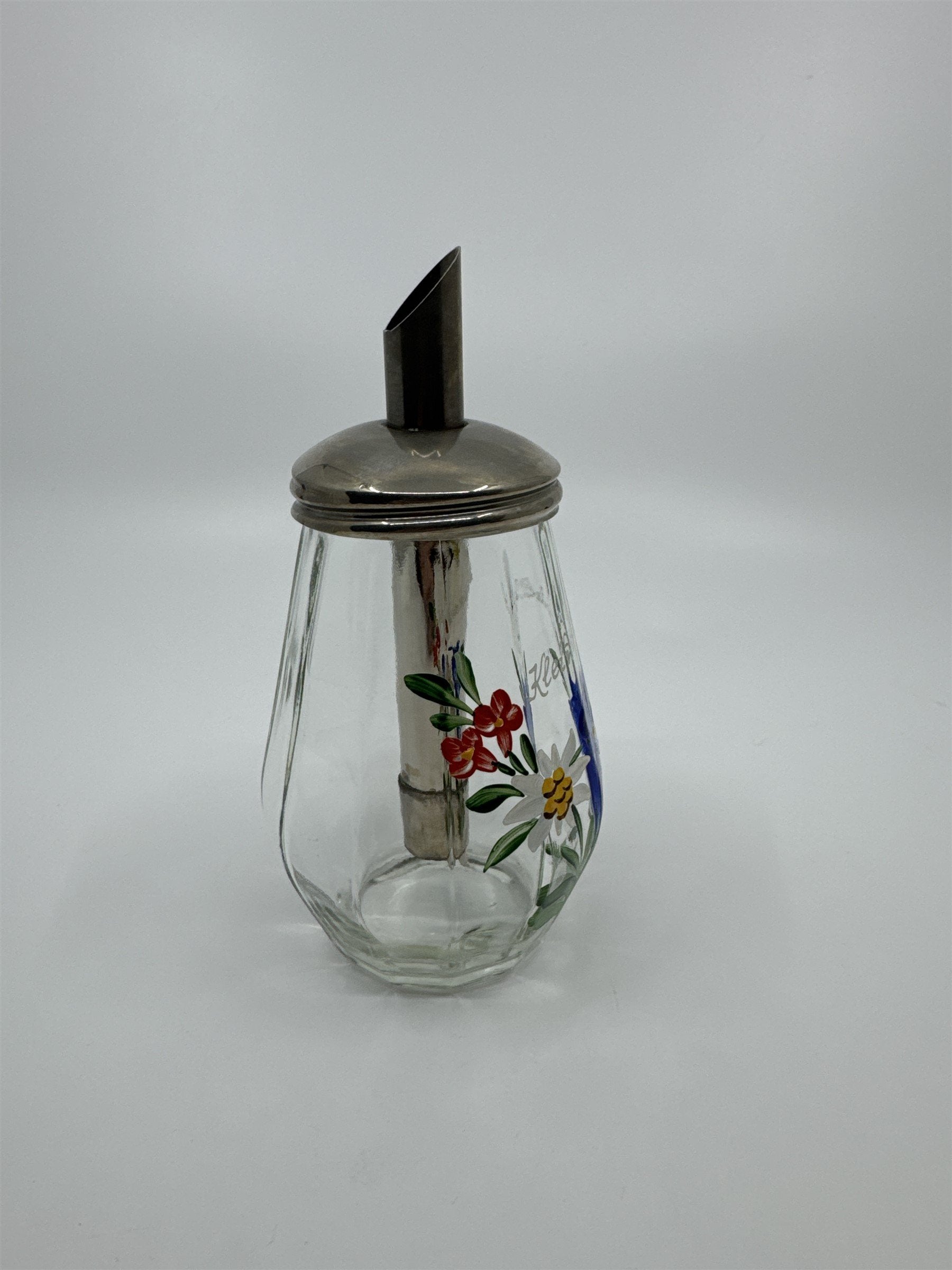 Vintage West Germany UWO Cruet Sugar Syrup Floral Glass Dispenser Kleinwalsertal