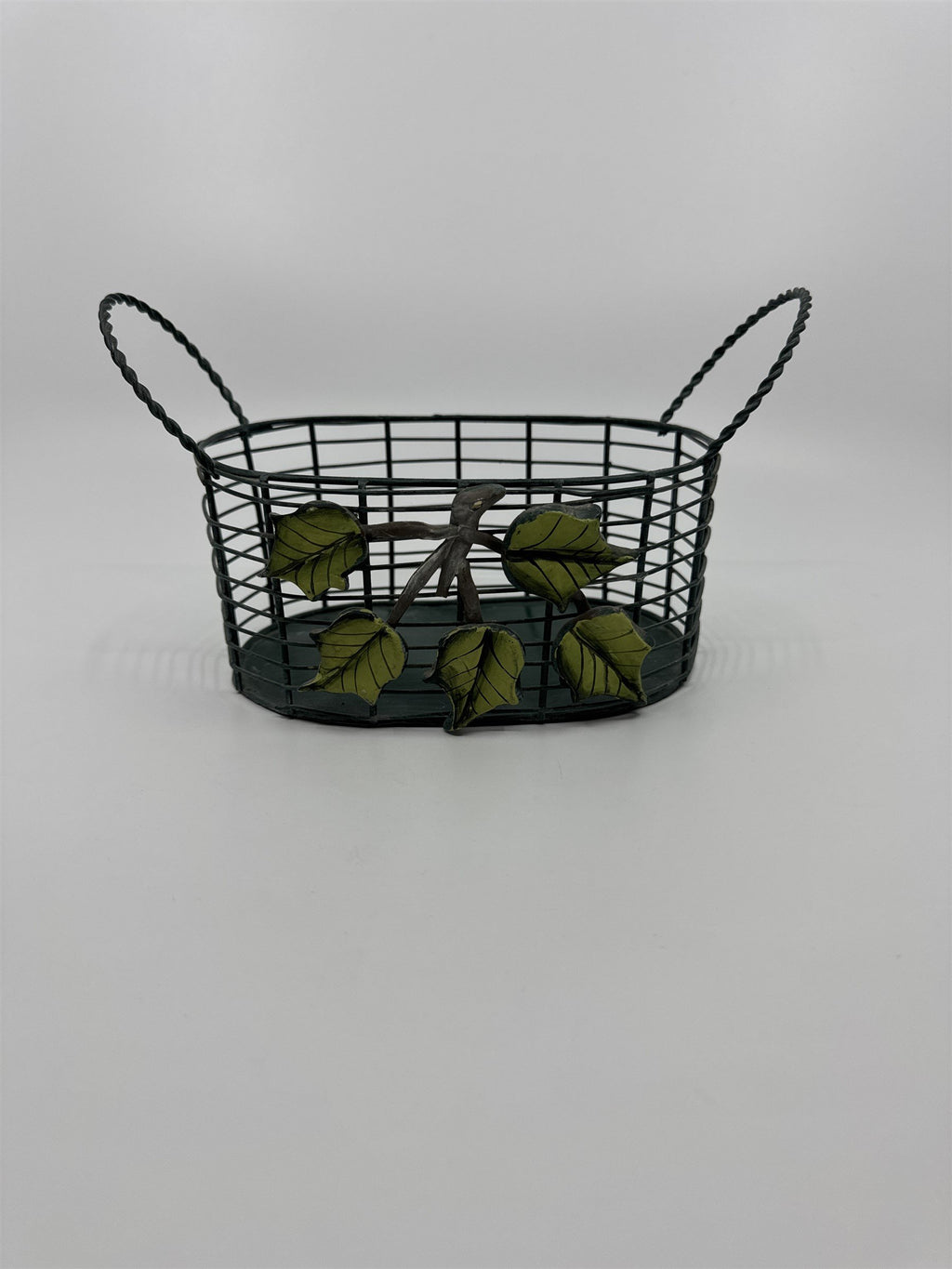 Vintage 7" Green Metal Wire Basket /w Handles and Leaves Vines Pattern