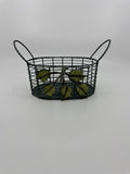 Vintage 7" Green Metal Wire Basket /w Handles and Leaves Vines Pattern