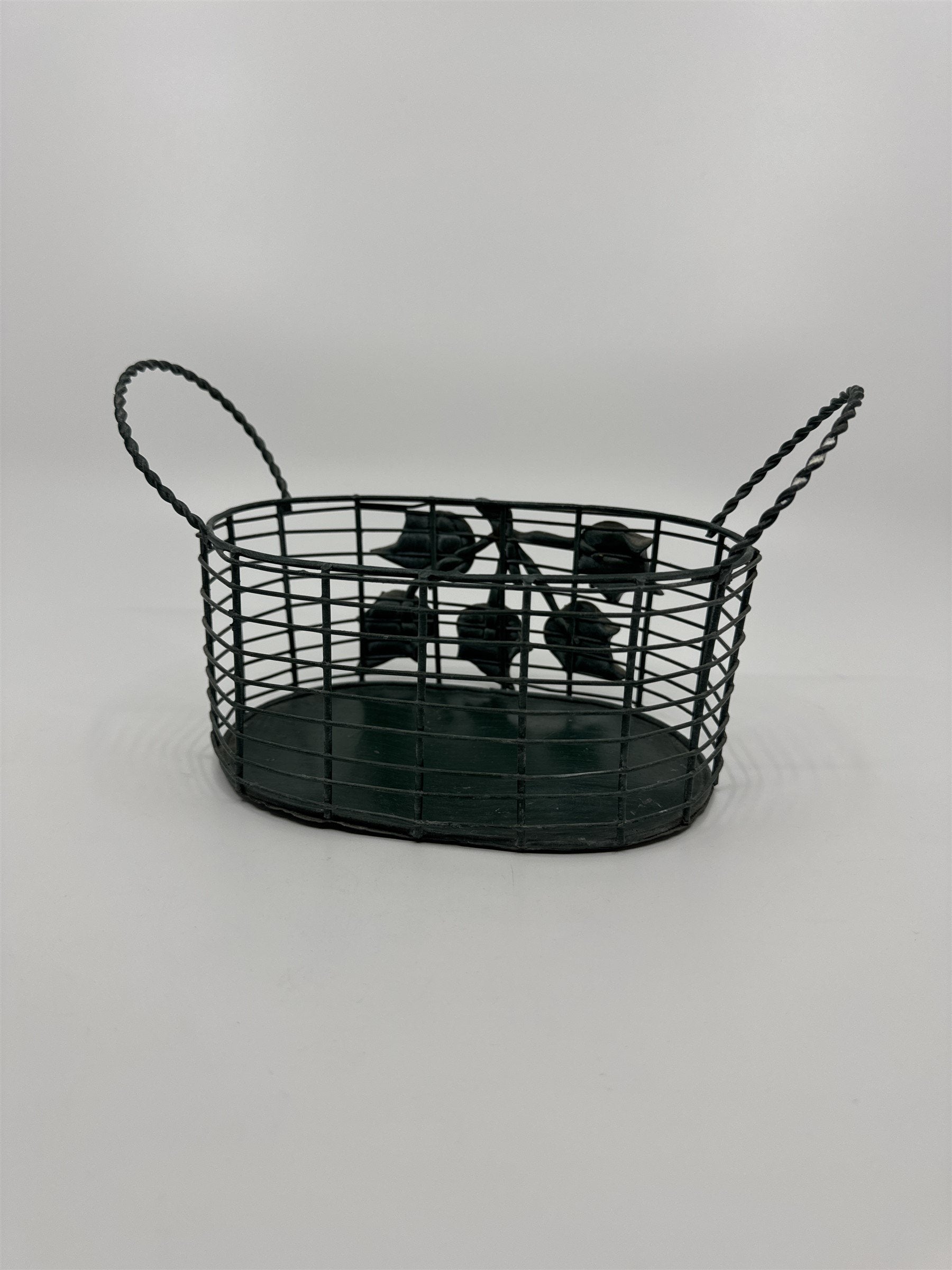 Vintage 7" Green Metal Wire Basket /w Handles and Leaves Vines Pattern