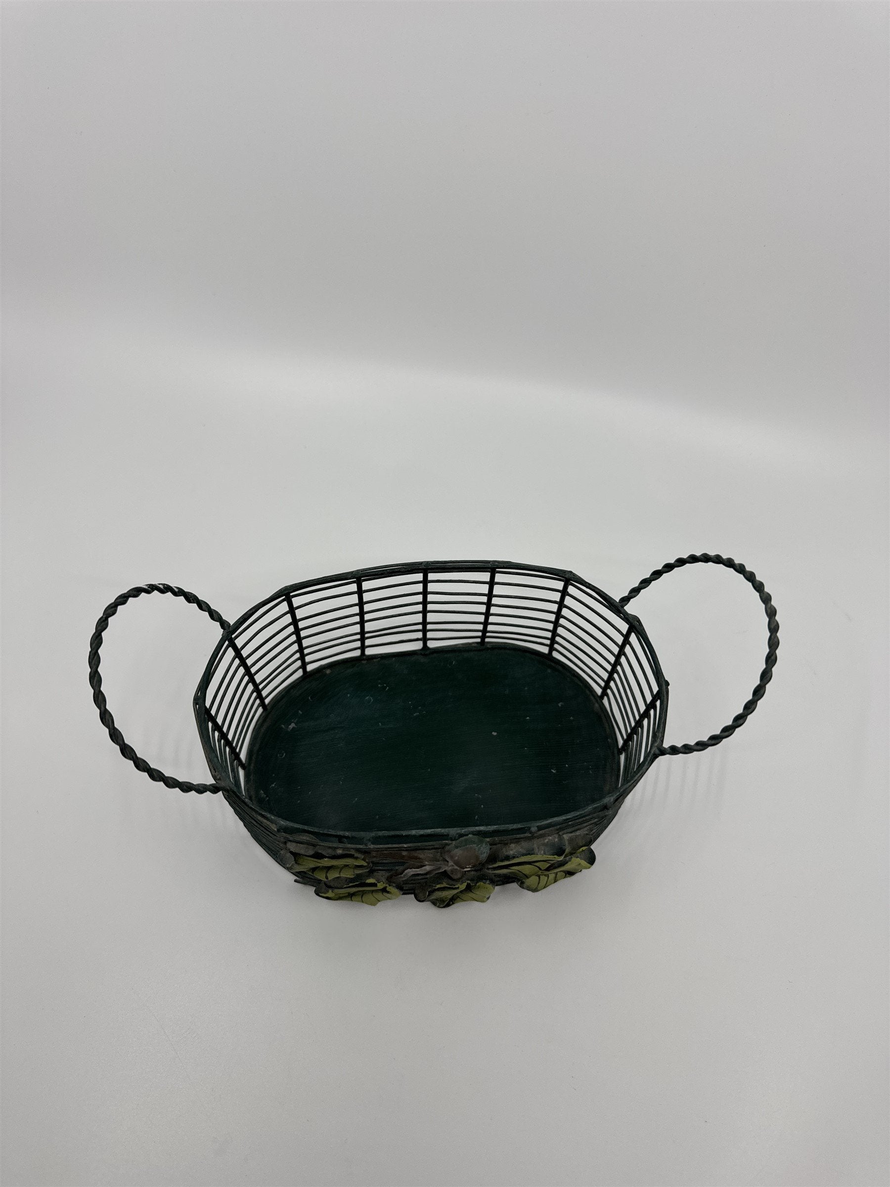 Vintage 7" Green Metal Wire Basket /w Handles and Leaves Vines Pattern