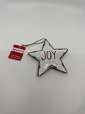 Joy 5" Star-Shaped Metal Christmas Tree Ornament White and Red Star Merry Brite
