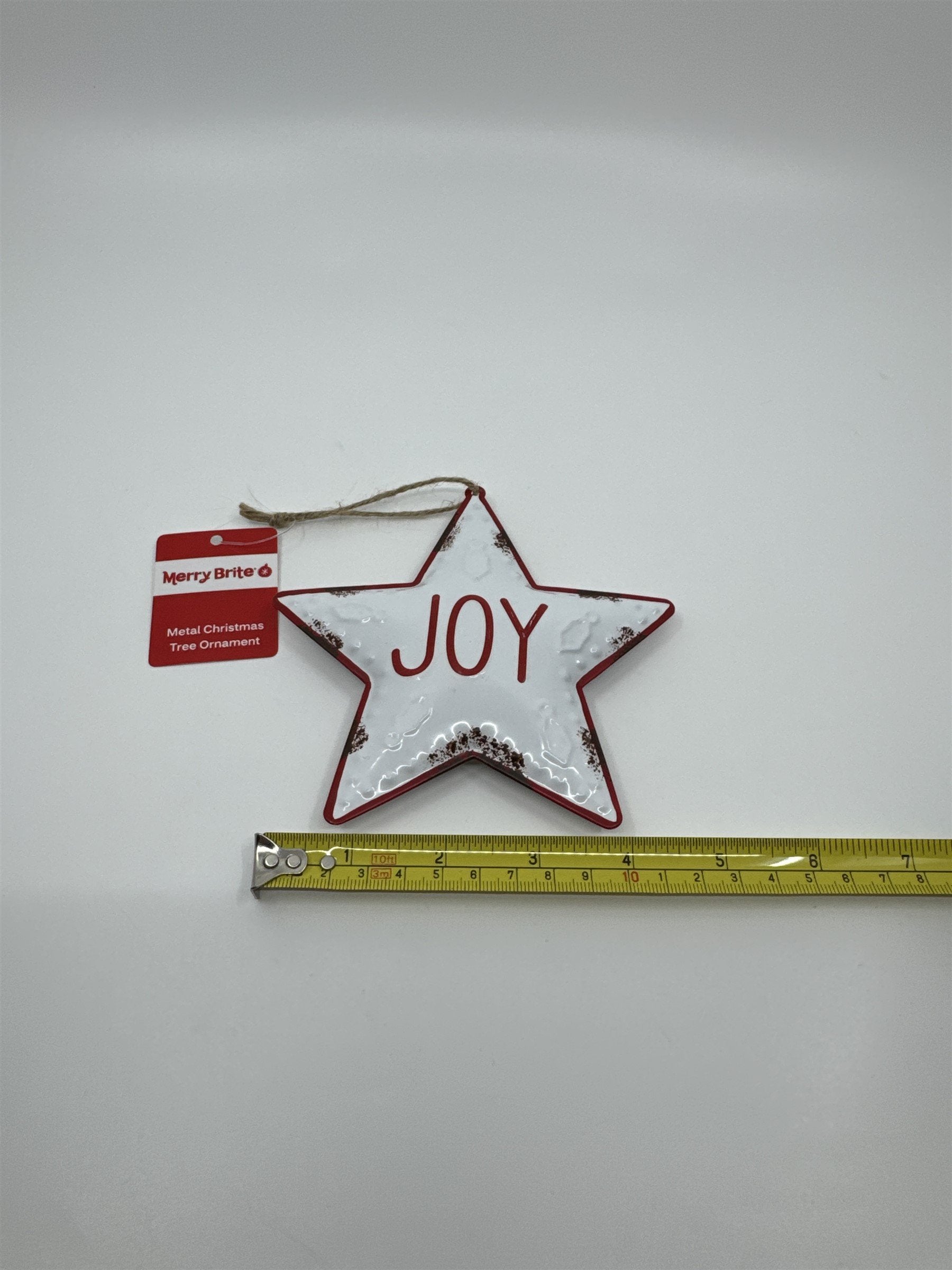 Joy 5" Star-Shaped Metal Christmas Tree Ornament White and Red Star Merry Brite