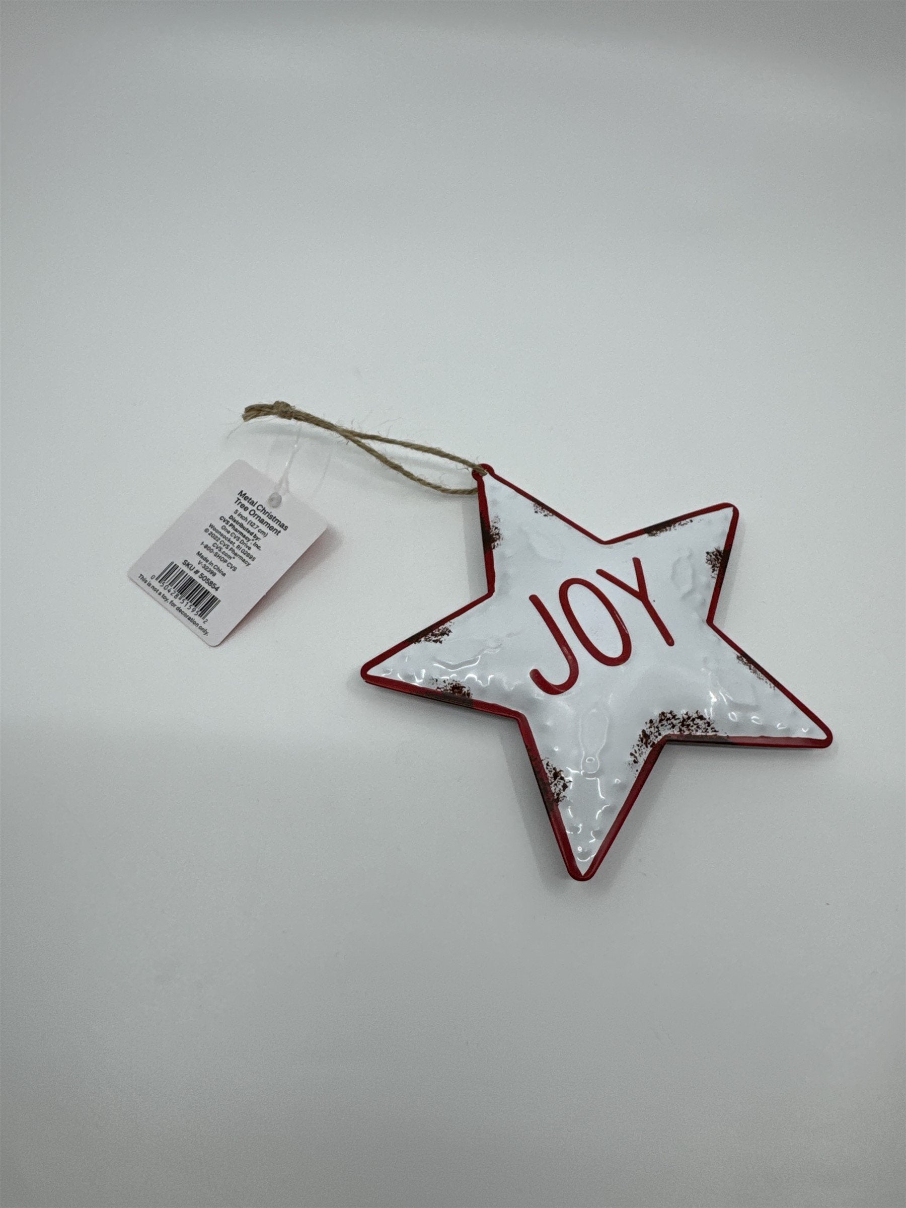 Joy 5" Star-Shaped Metal Christmas Tree Ornament White and Red Star Merry Brite