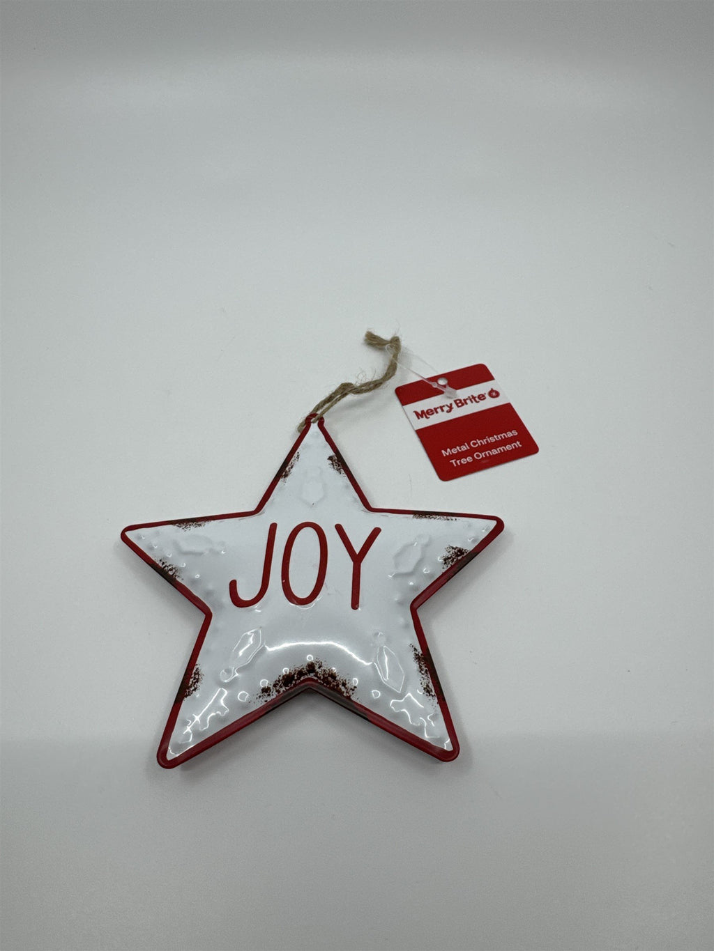Joy 5" Star-Shaped Metal Christmas Tree Ornament White and Red Star Merry Brite