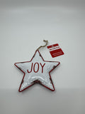 Joy 5" Star-Shaped Metal Christmas Tree Ornament White and Red Star Merry Brite