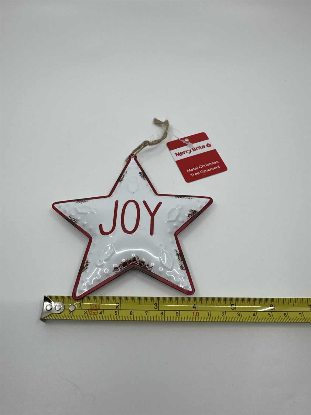 Joy 5" Star-Shaped Metal Christmas Tree Ornament White and Red Star Merry Brite