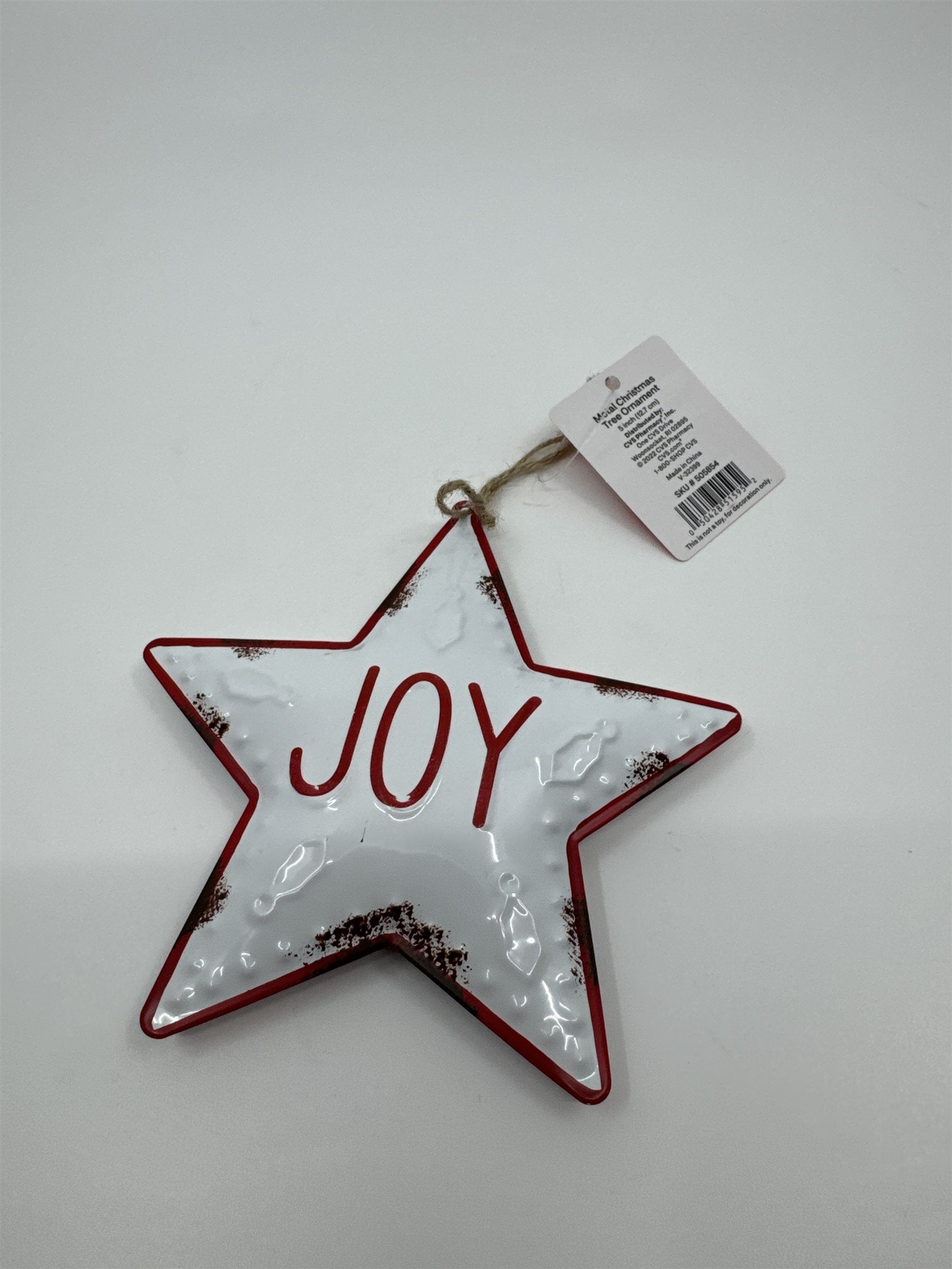 Joy 5" Star-Shaped Metal Christmas Tree Ornament White and Red Star Merry Brite