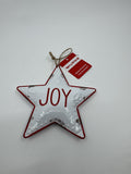 Joy 5" Star-Shaped Metal Christmas Tree Ornament White and Red Star Merry Brite