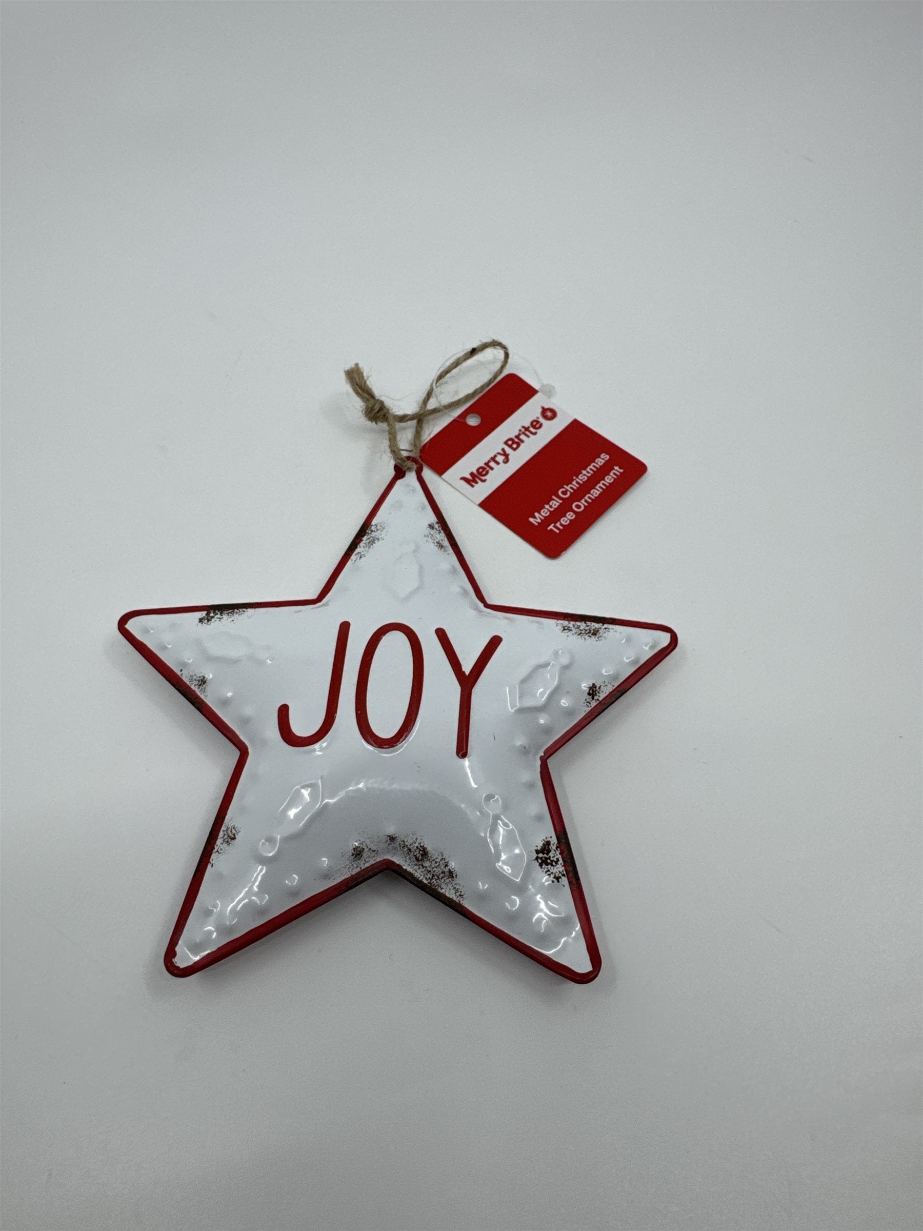 Joy 5" Star-Shaped Metal Christmas Tree Ornament White and Red Star Merry Brite